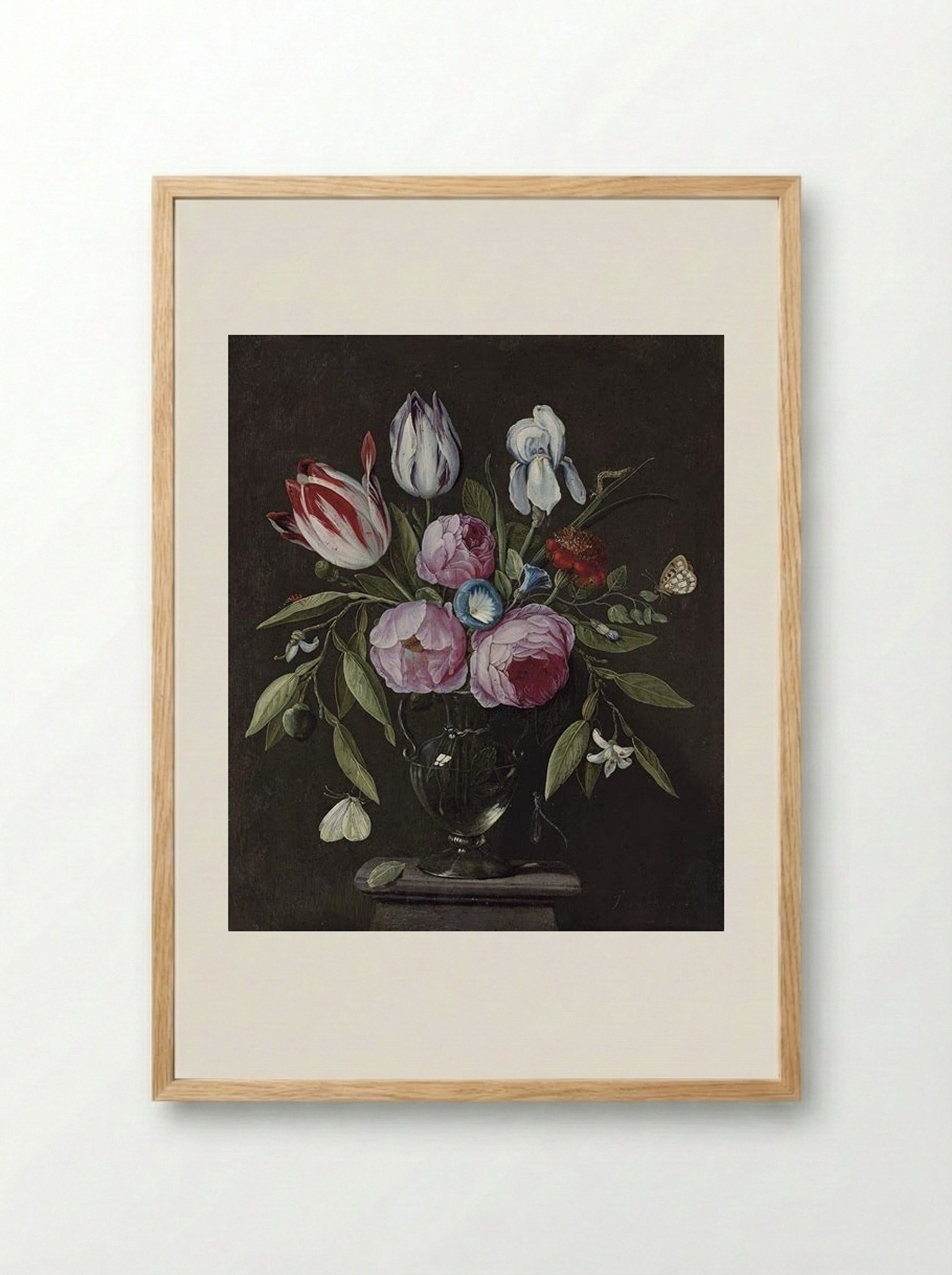 Roses, tulips, an iris and other flowers, in a glass vase on a stone plinth, with butterflies and other insects - Jan van Kessel the Elder - Framed Print Wood