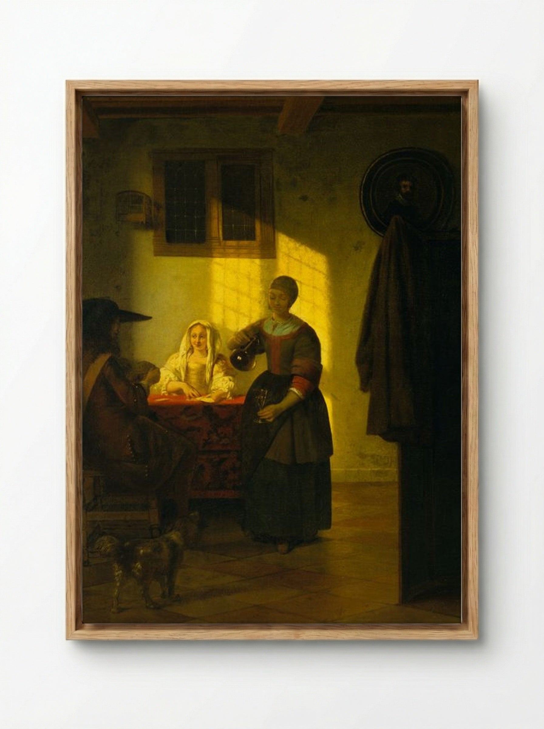 A Couple Playing Cards, with a Serving Woman - Pieter de Hooch - Framed Canvas Wood