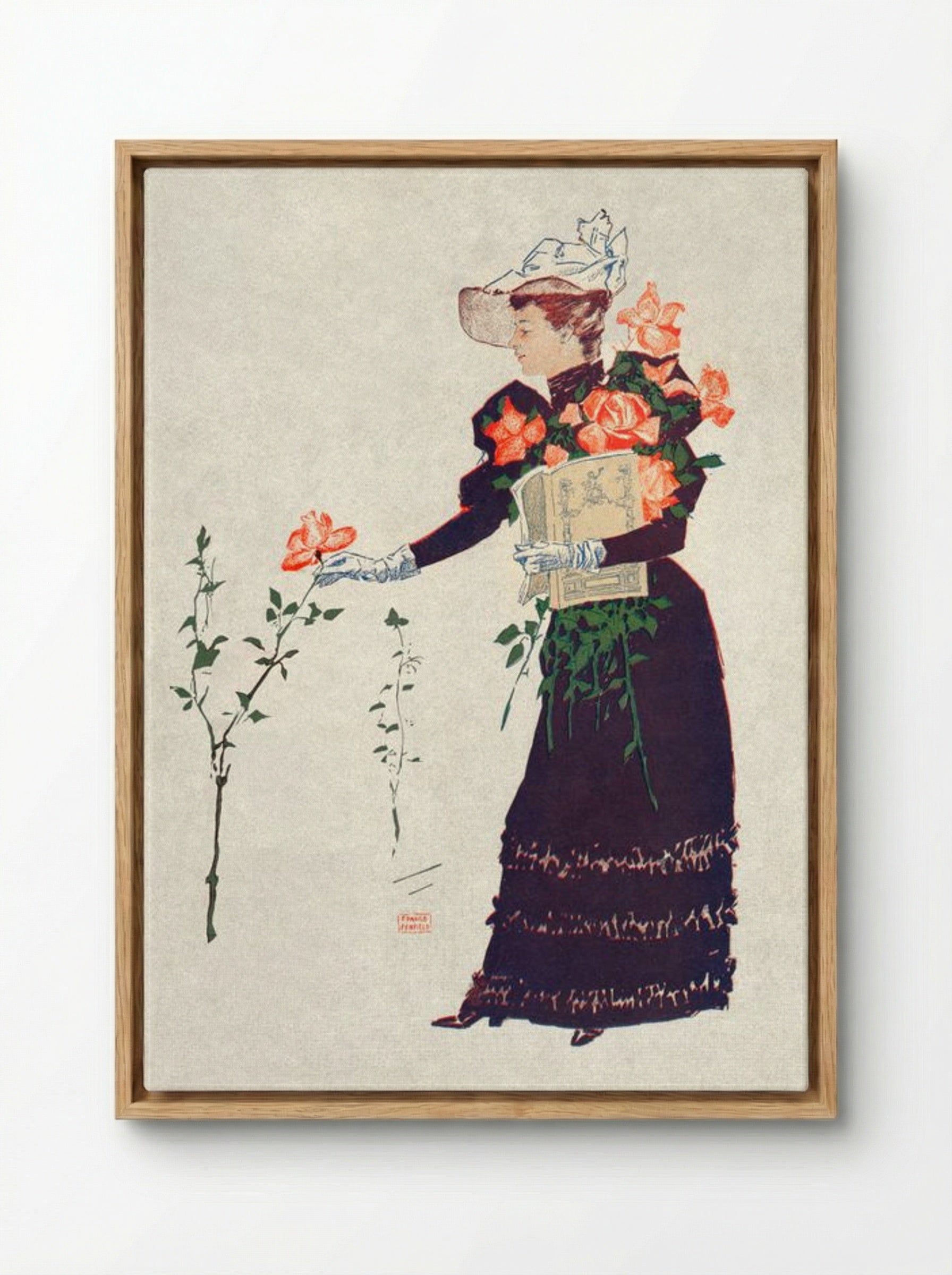 Woman Picking Up Flowers - Edward Penfield - Framed Canvas Wood