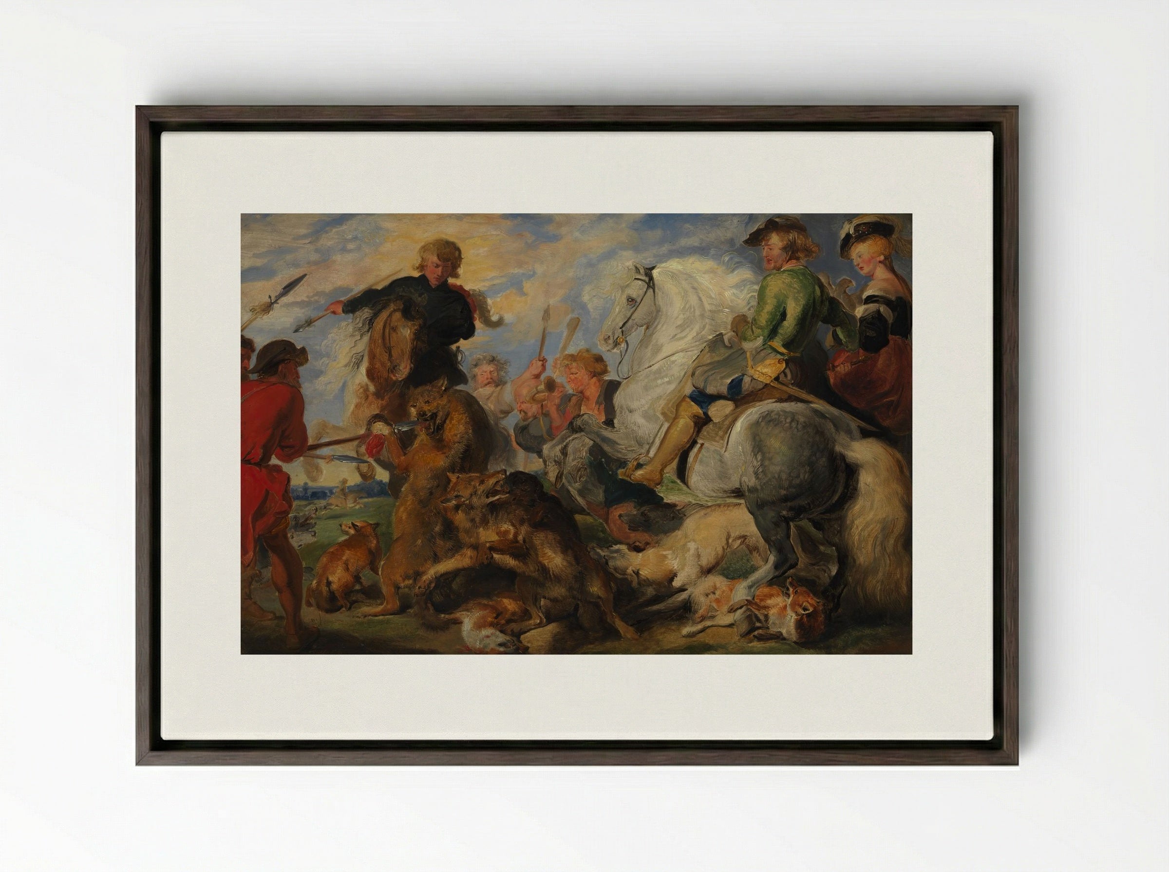 Copy after Rubens's Wolf and Fox Hunt - Peter Paul Rubens - Framed Canvas Dark Wood