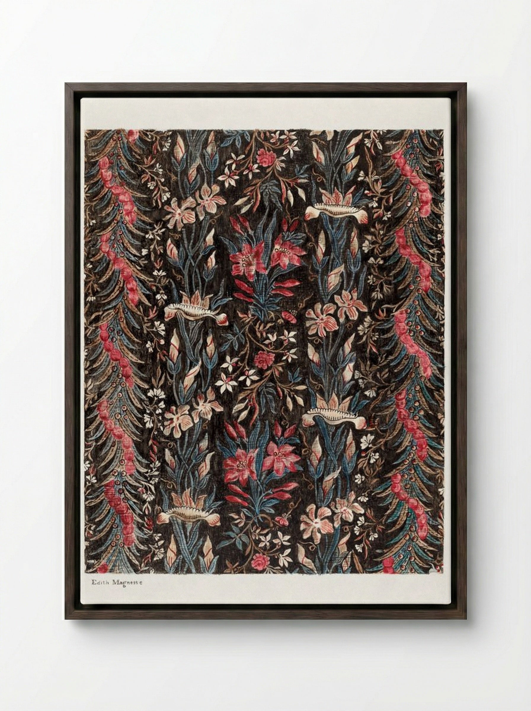 Printed Cotton (Floral Textile Design) - Edith Magnette - Framed Canvas Dark Wood