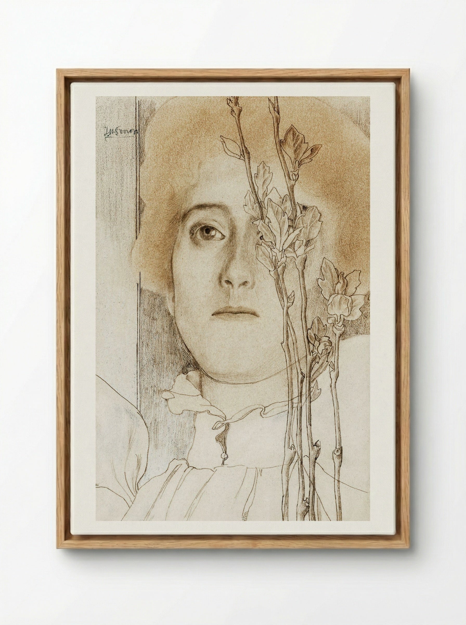 Portrait of an Unknown Woman with Flowering Branch - Jan Toorop - Framed Canvas Wood