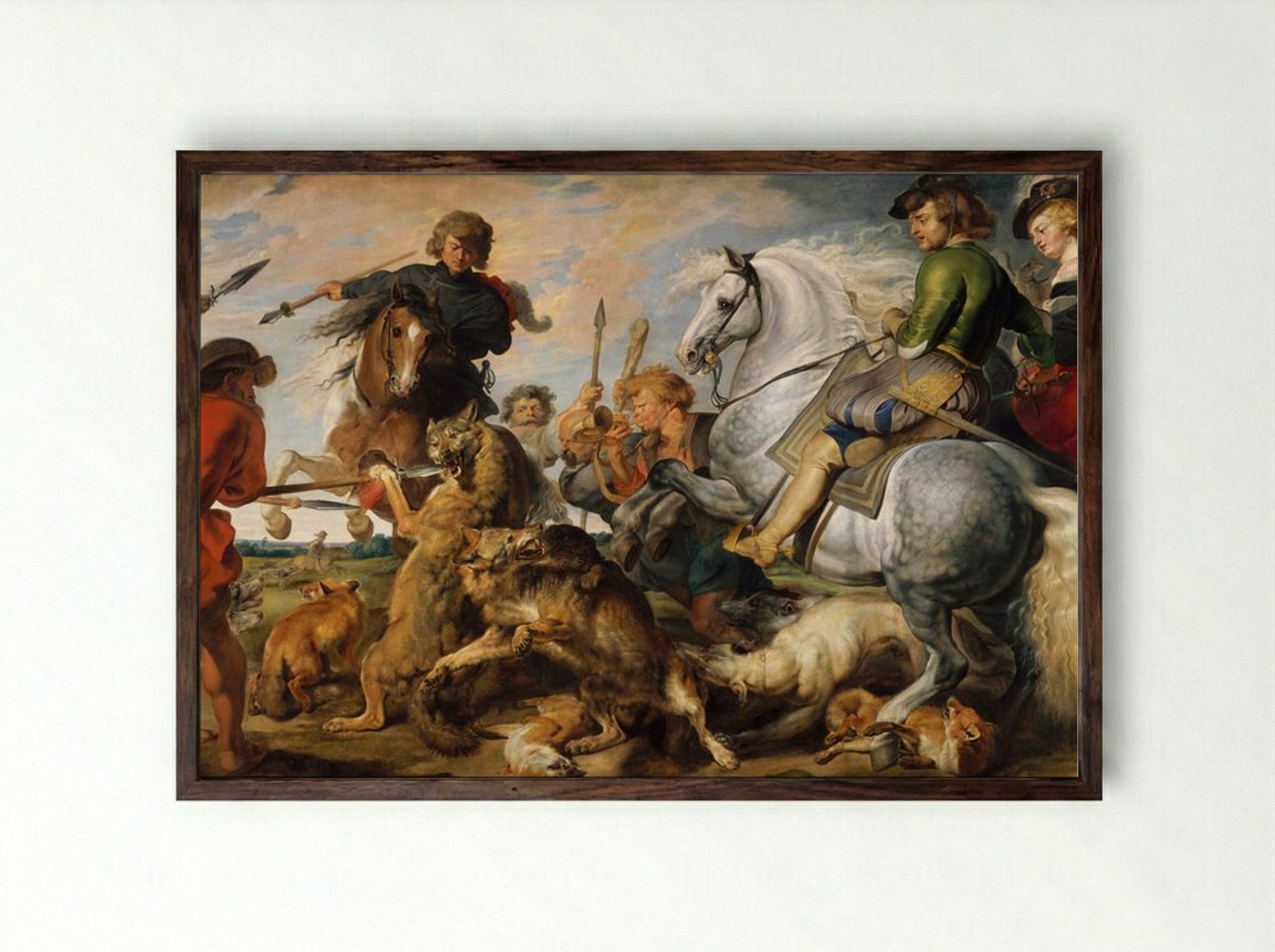 Wolf and Fox Hunt - Peter Paul Rubens - Framed Print Dark Wood