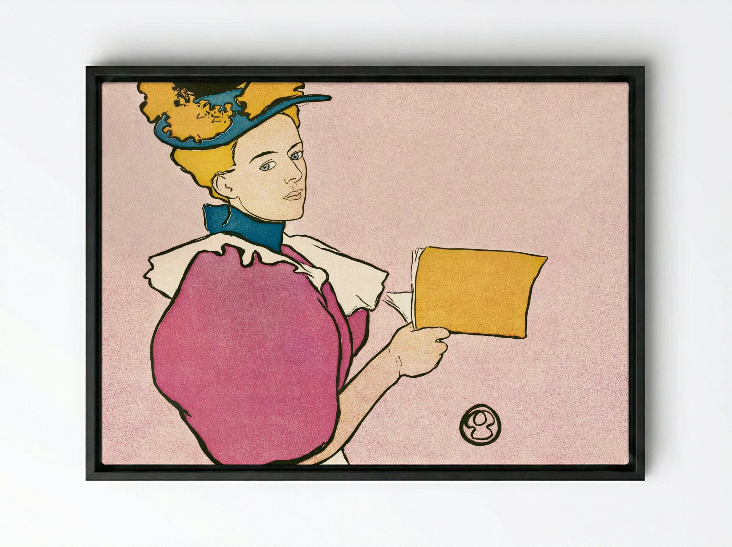 Woman Holding Book - Edward Penfield - Framed Canvas Black