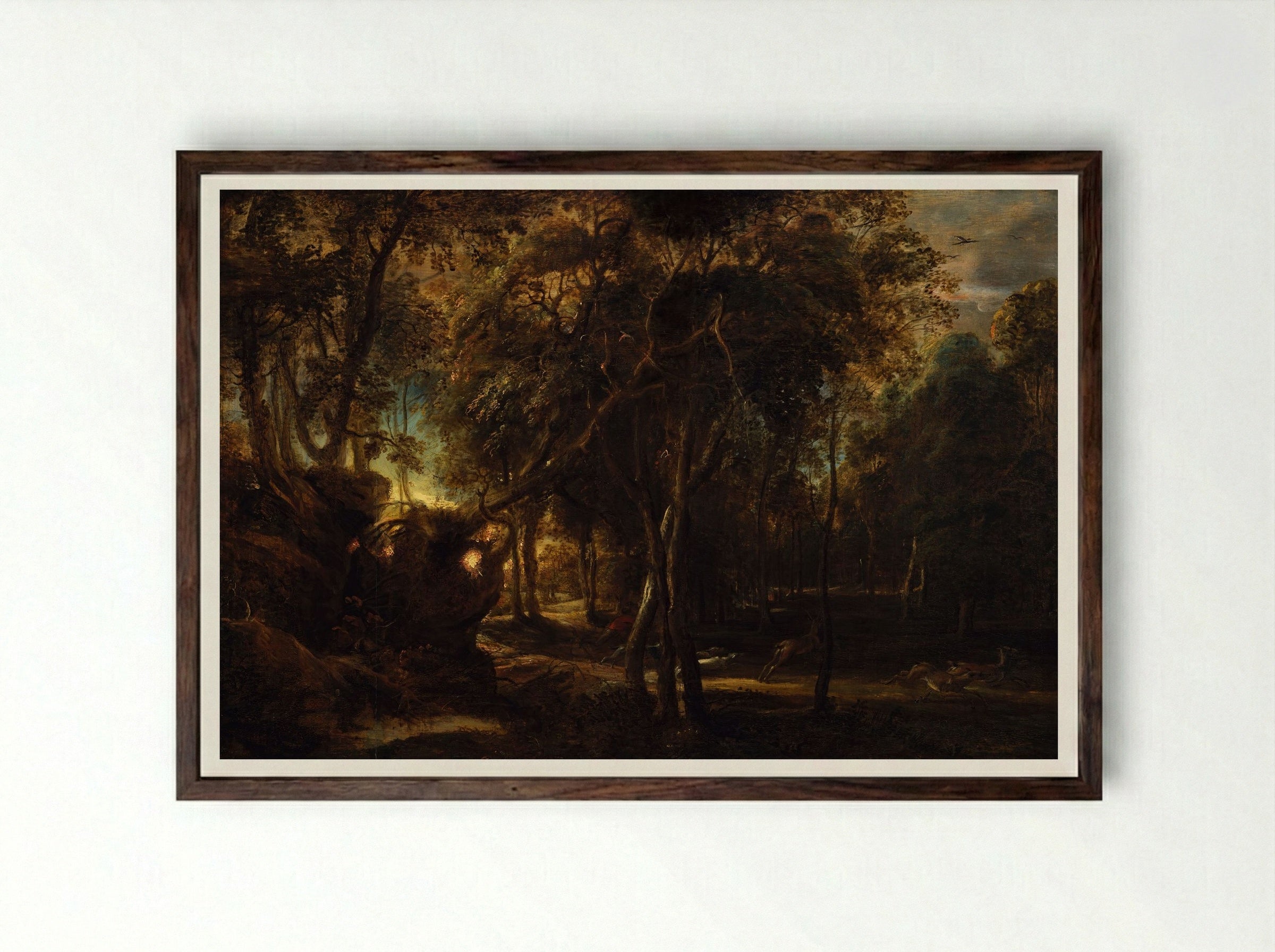 A Forest at Dawn with a Deer Hunt - Peter Paul Rubens - Framed Print Dark Wood