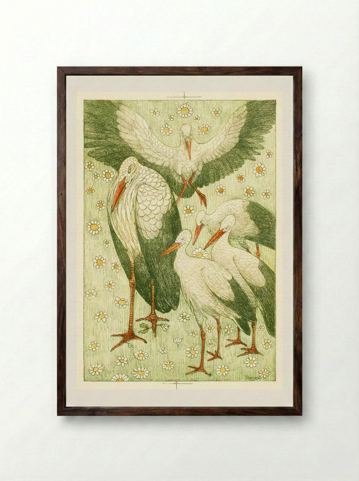 Vijf ooievaars in een wei (Five Storks in a Meadow) - Theo van Hoytema - Framed Print Dark Wood