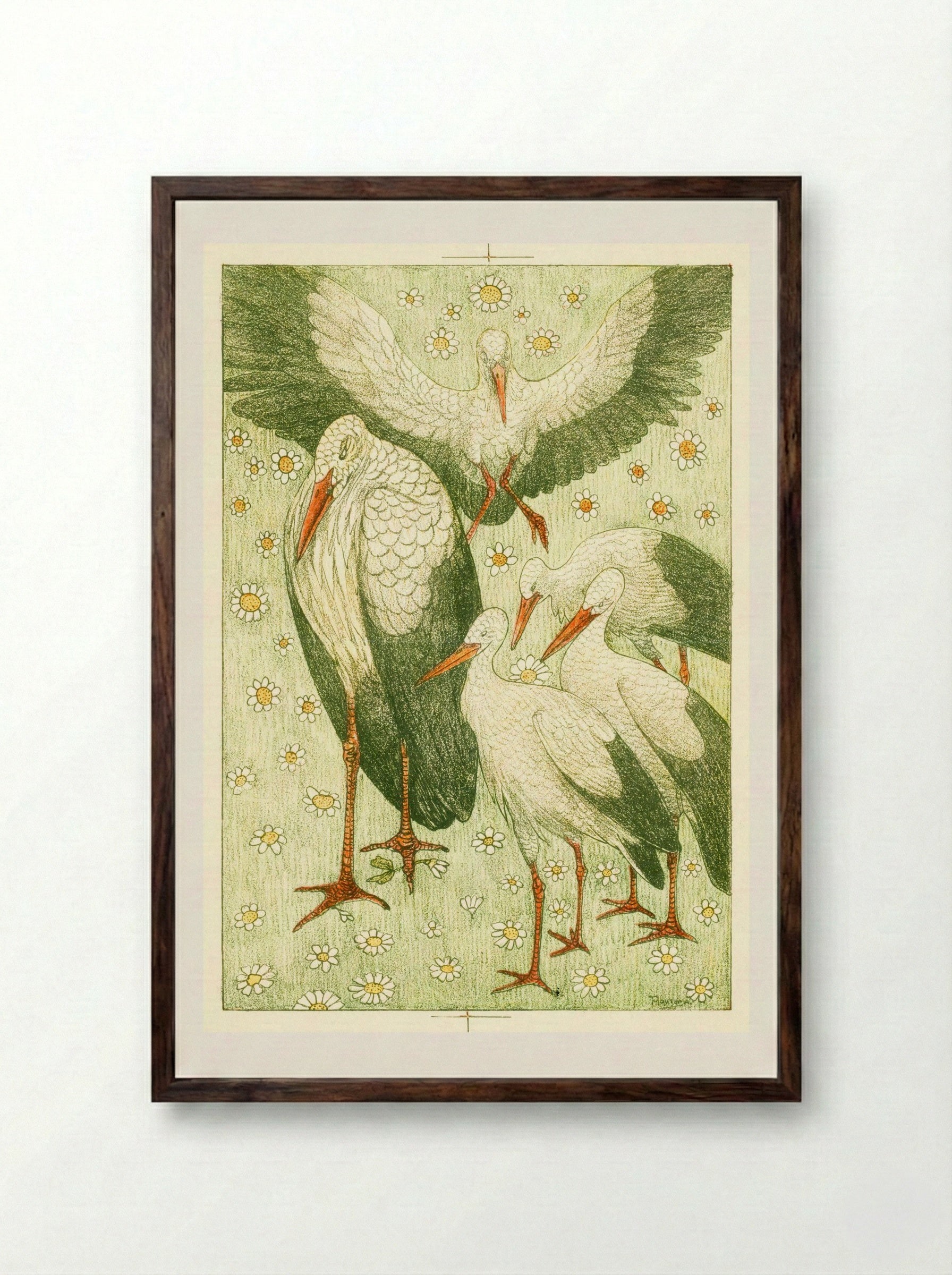 Vijf ooievaars in een wei (Five Storks in a Meadow) - Theo van Hoytema - Framed Print Dark Wood