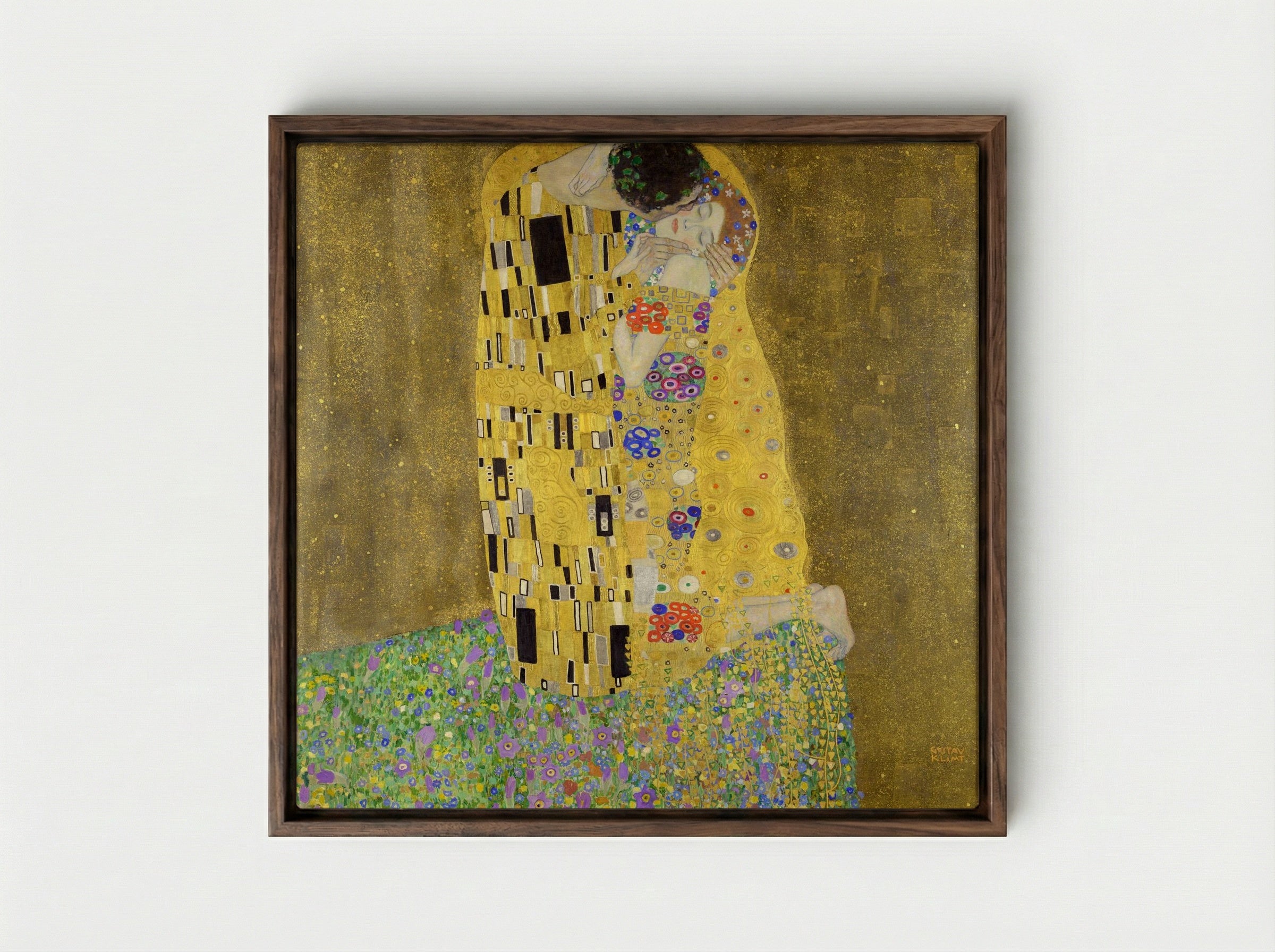 The Kiss - Gustav Klimt - Framed Canvas Dark Wood