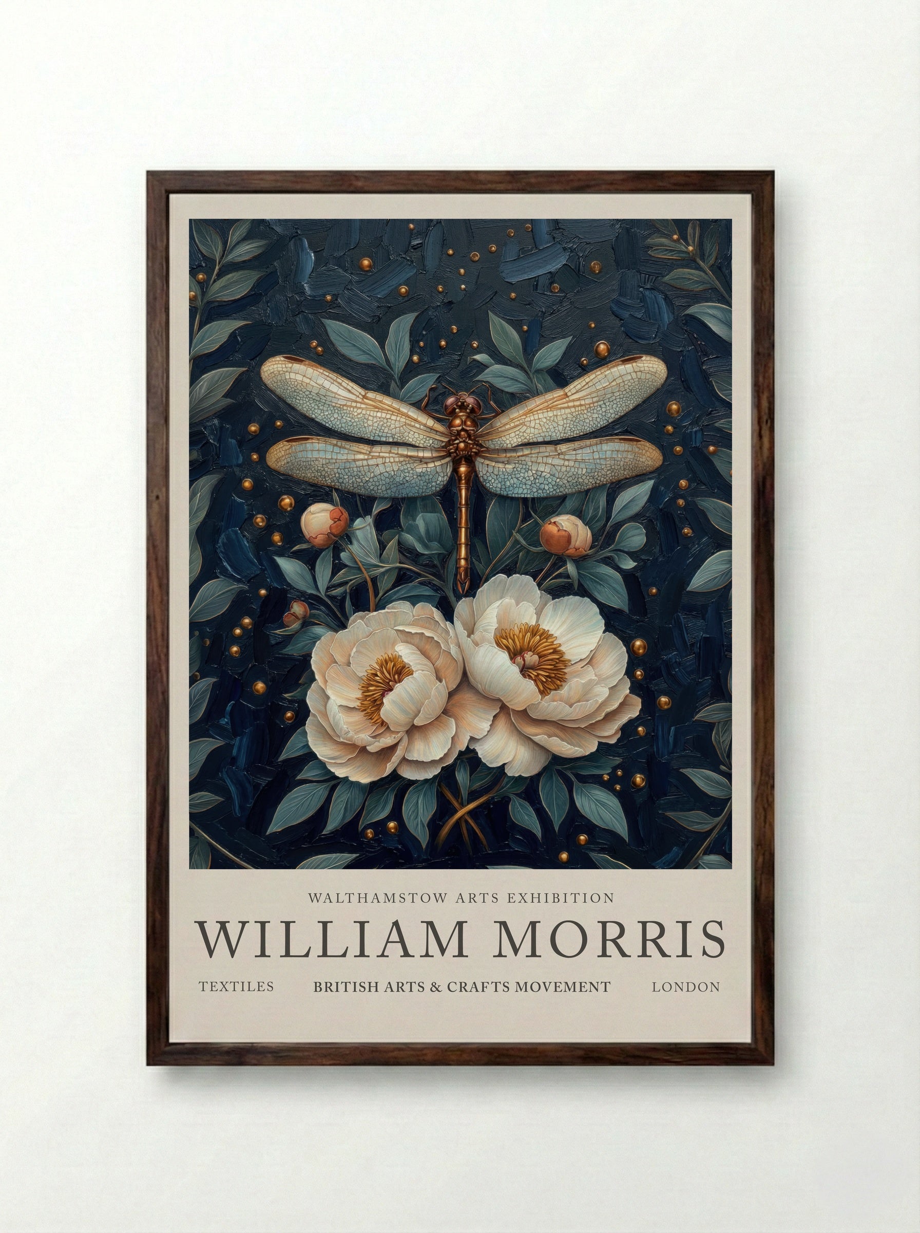 Dragonfly Dazzle - William Morris - Framed Print Dark Wood