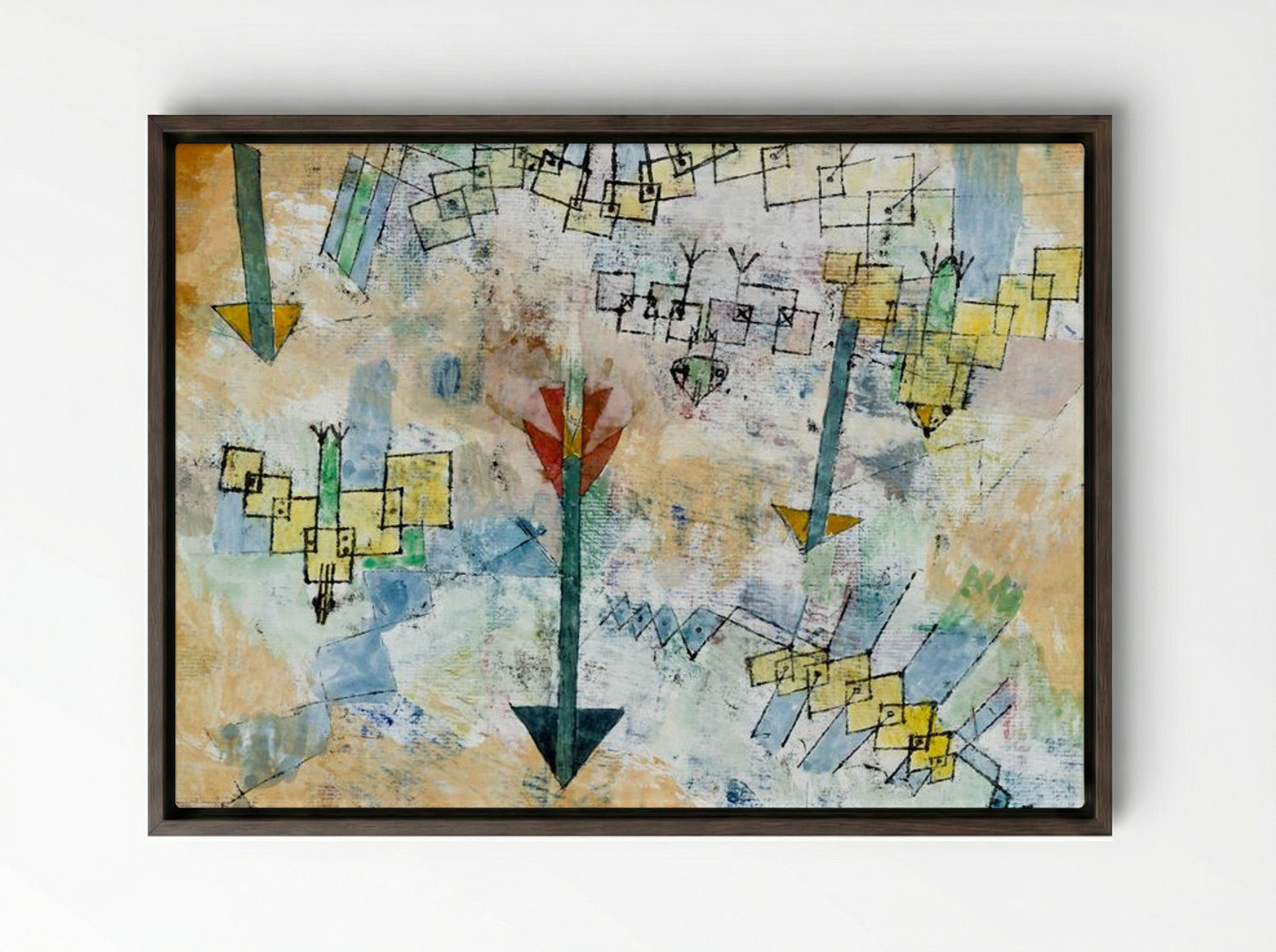Birds Swooping Down and Arrows - Paul Klee - Framed Canvas Dark Wood