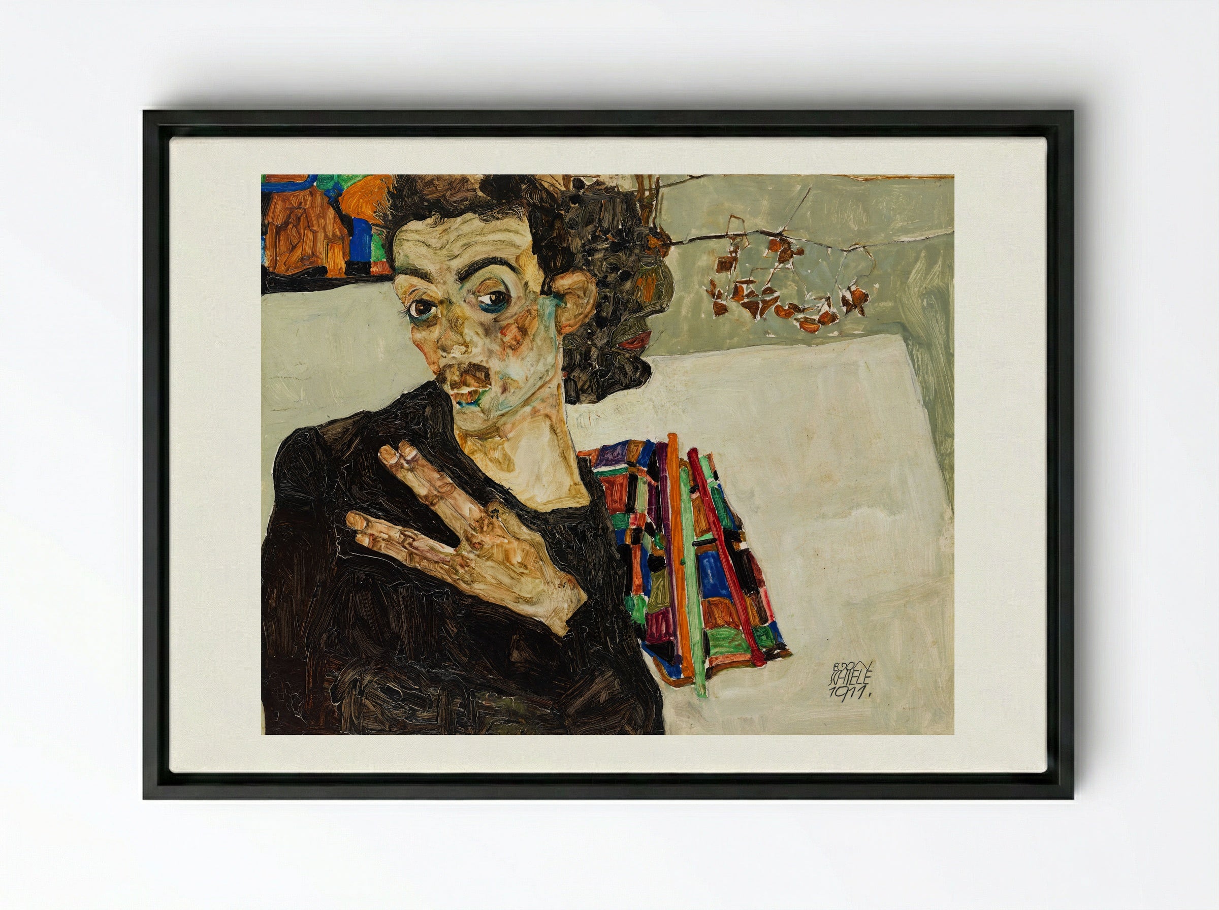 Self-Portrait - Egon Schiele - Framed Canvas Black
