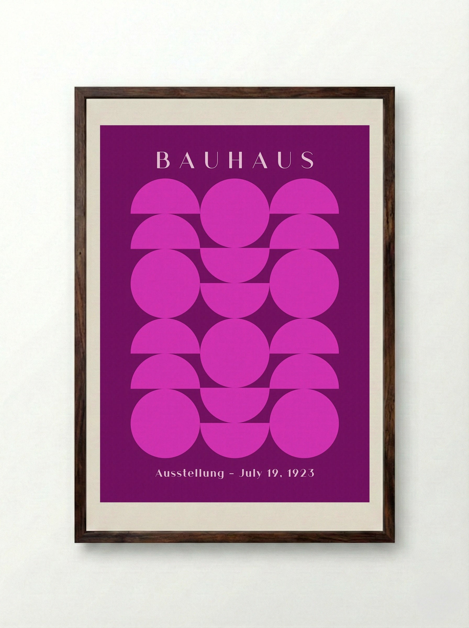 Bauhaus Symmetry in Magenta – Geometric Poster - Framed Print Dark Wood