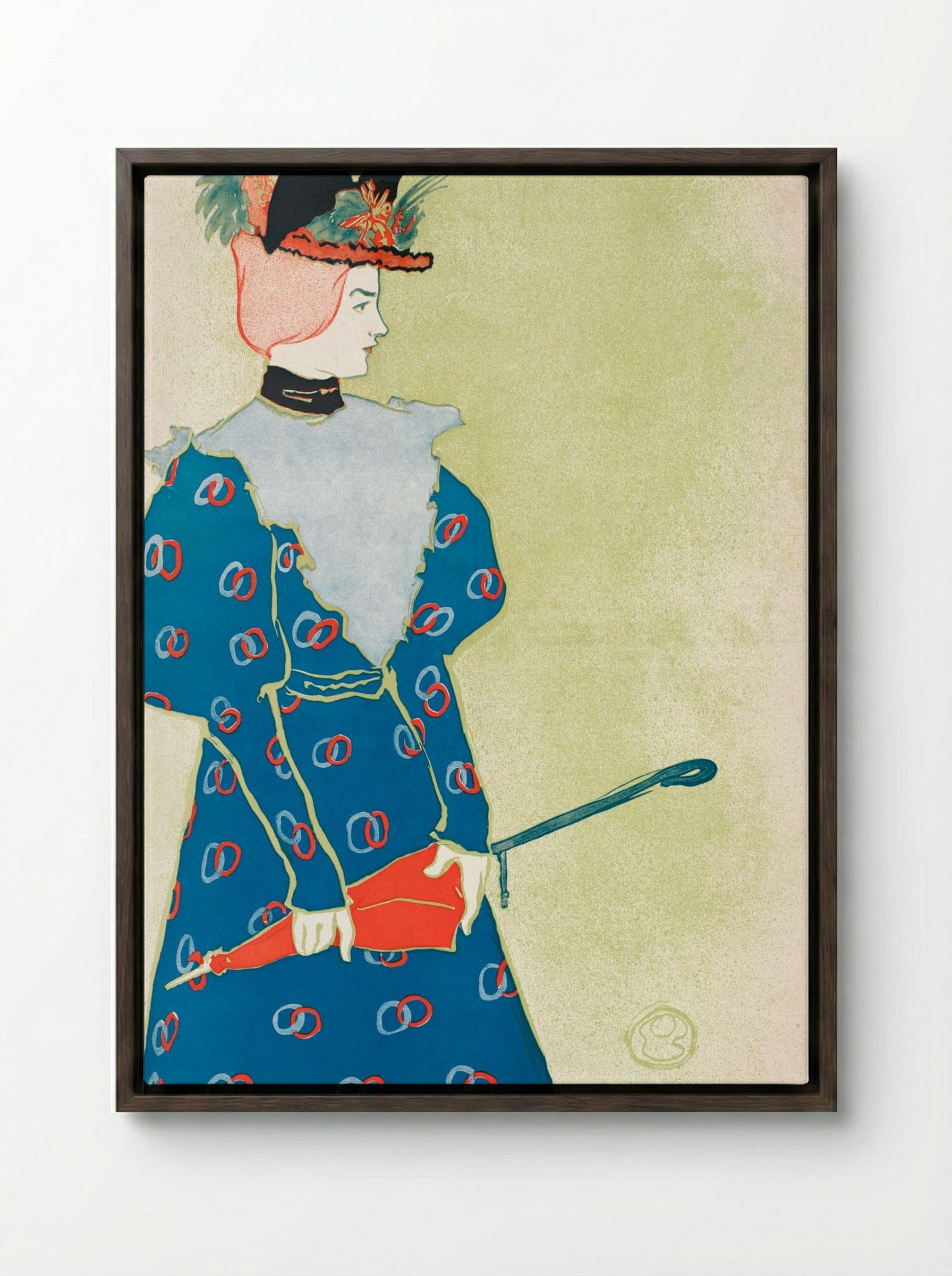 Woman Holding Umbrella - Edward Penfield - Framed Canvas Dark Wood