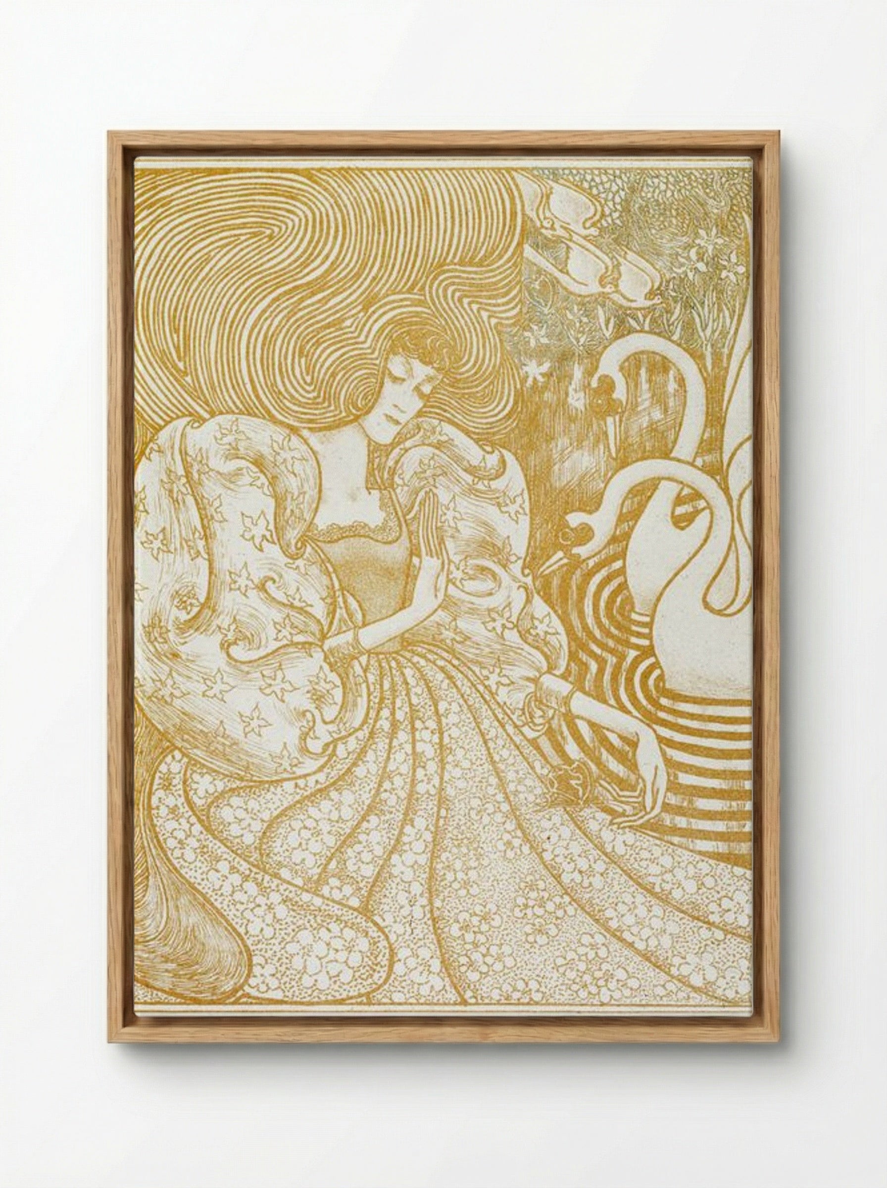 Woman with a Butterfly at a Pond with Two Swans - Jan Toorop - Framed Canvas Wood