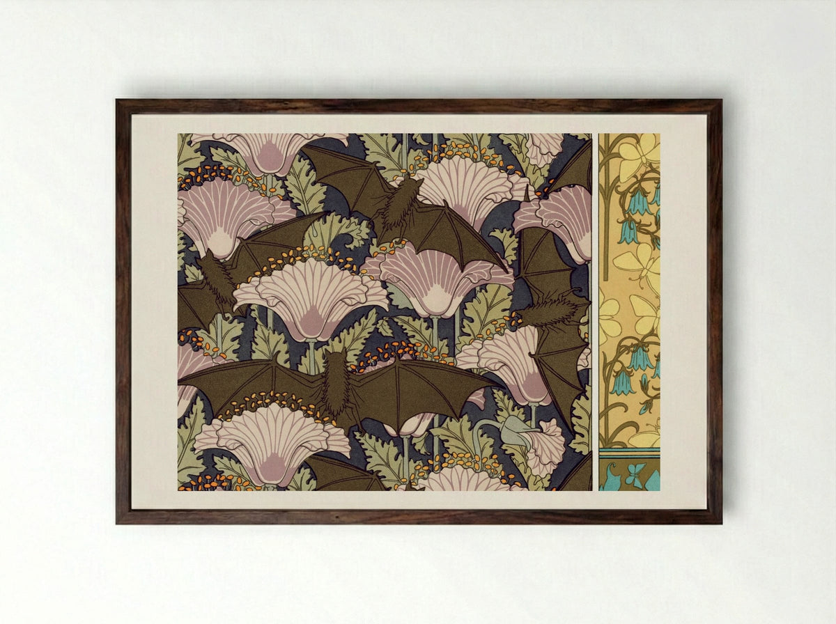 Chauves-souris et Pavots; Papillons et Campanules - Maurice Pillard Verneuil - Framed Print Dark Wood
