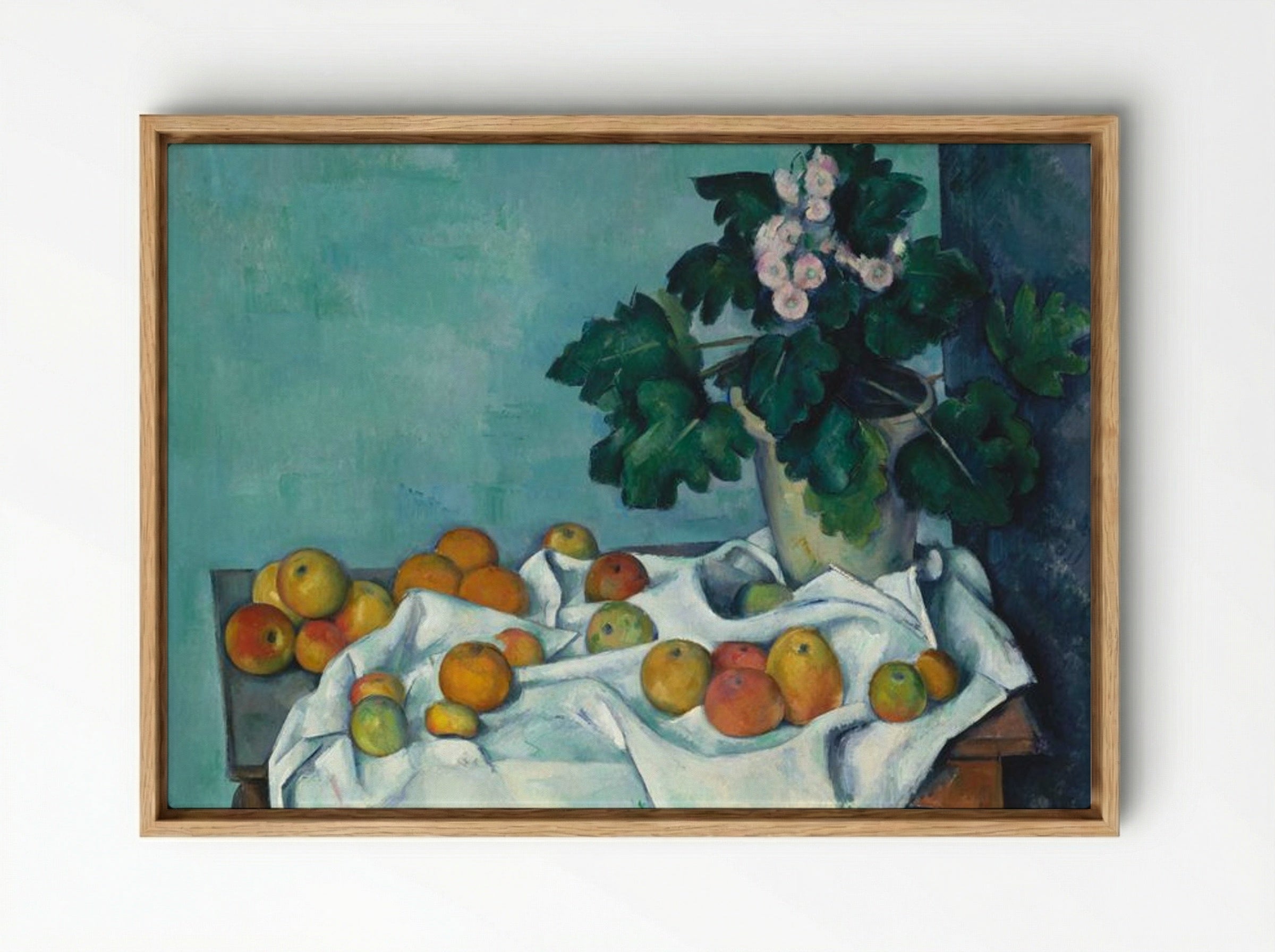 Still Life with Apples and a Pot of Primroses - Paul Cézanne - Framed Canvas Wood