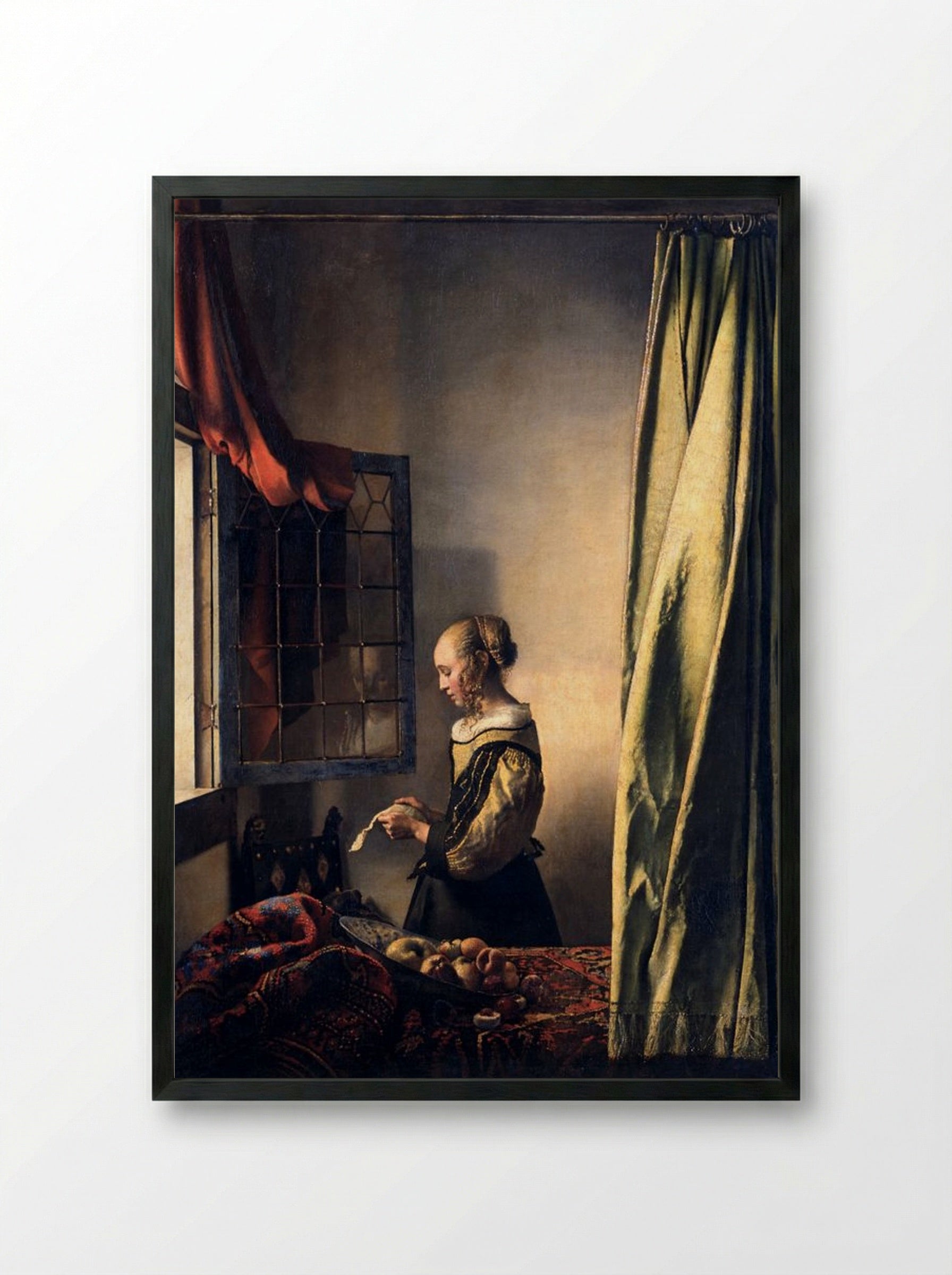 Girl Reading a Letter by an Open Window - Johannes Vermeer - Framed Print Black