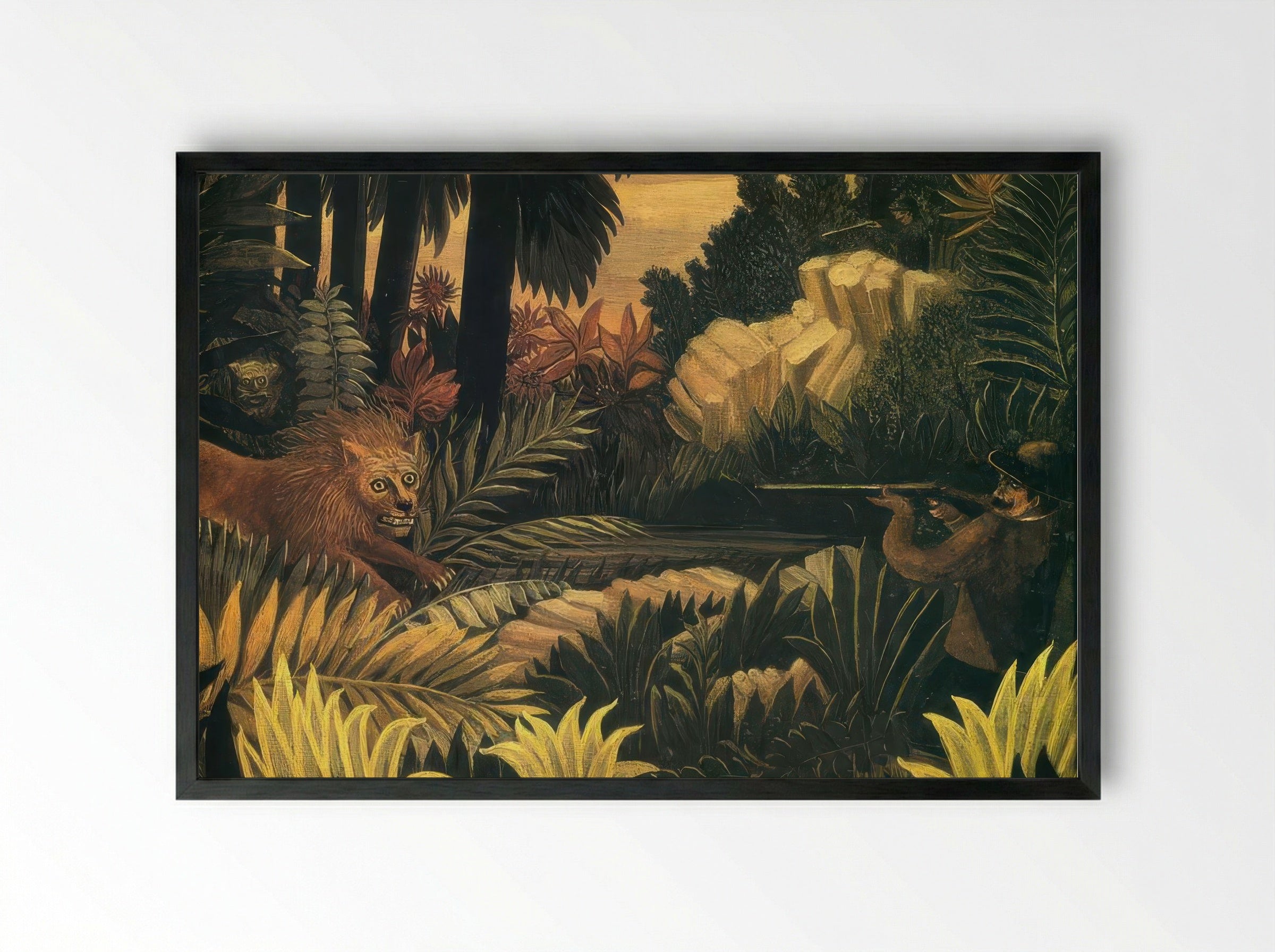 The Lion Hunter by Henri Rousseau – Naïve Art Jungle Adventure Print - Framed Print Black