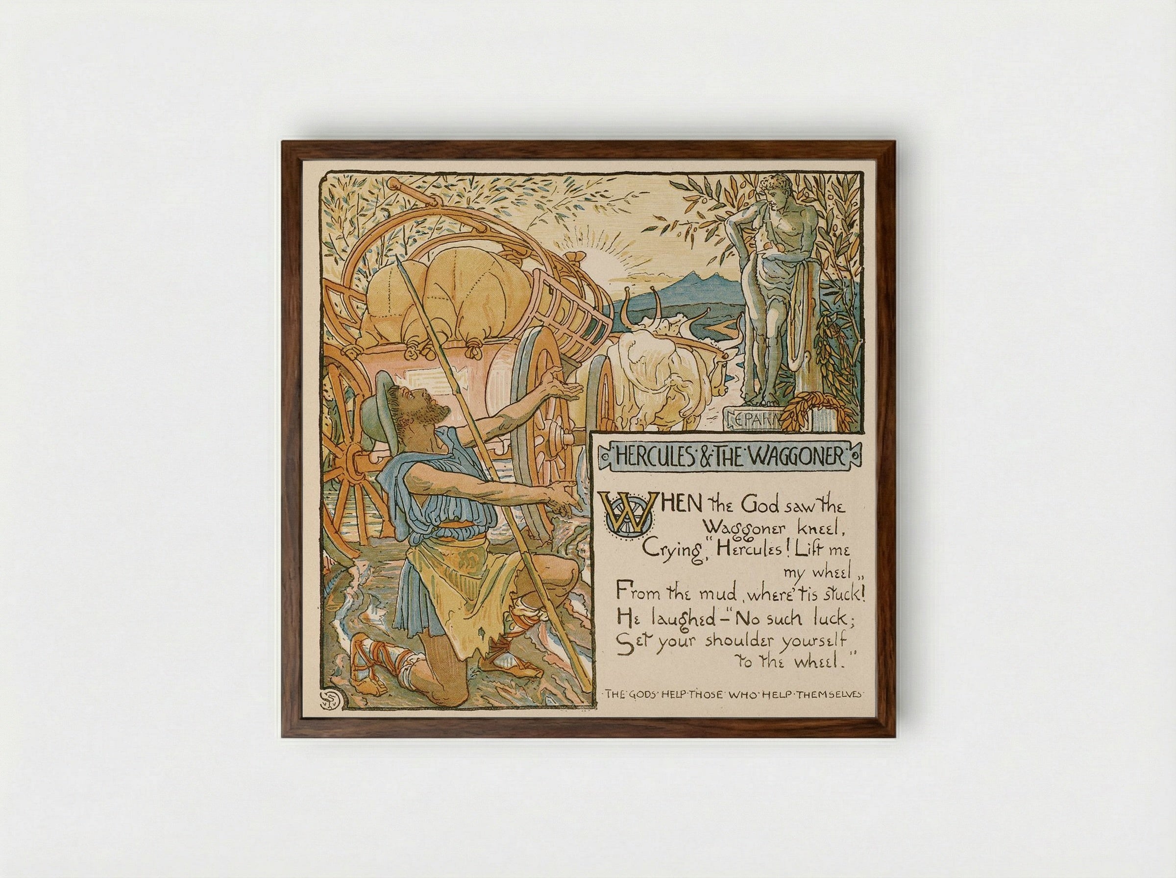 An illustration of the fable of Hercules and the Wagoner - Walter Crane - Framed Print Dark Wood