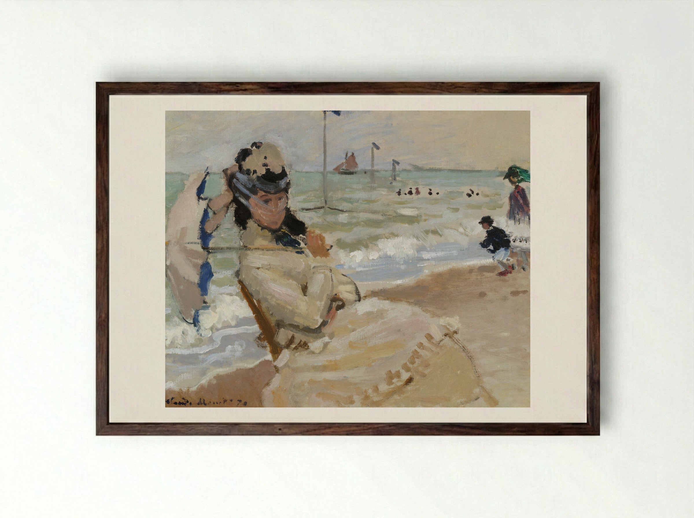 Camille on the Beach in Trouville - Claude Monet - Framed Print Dark Wood