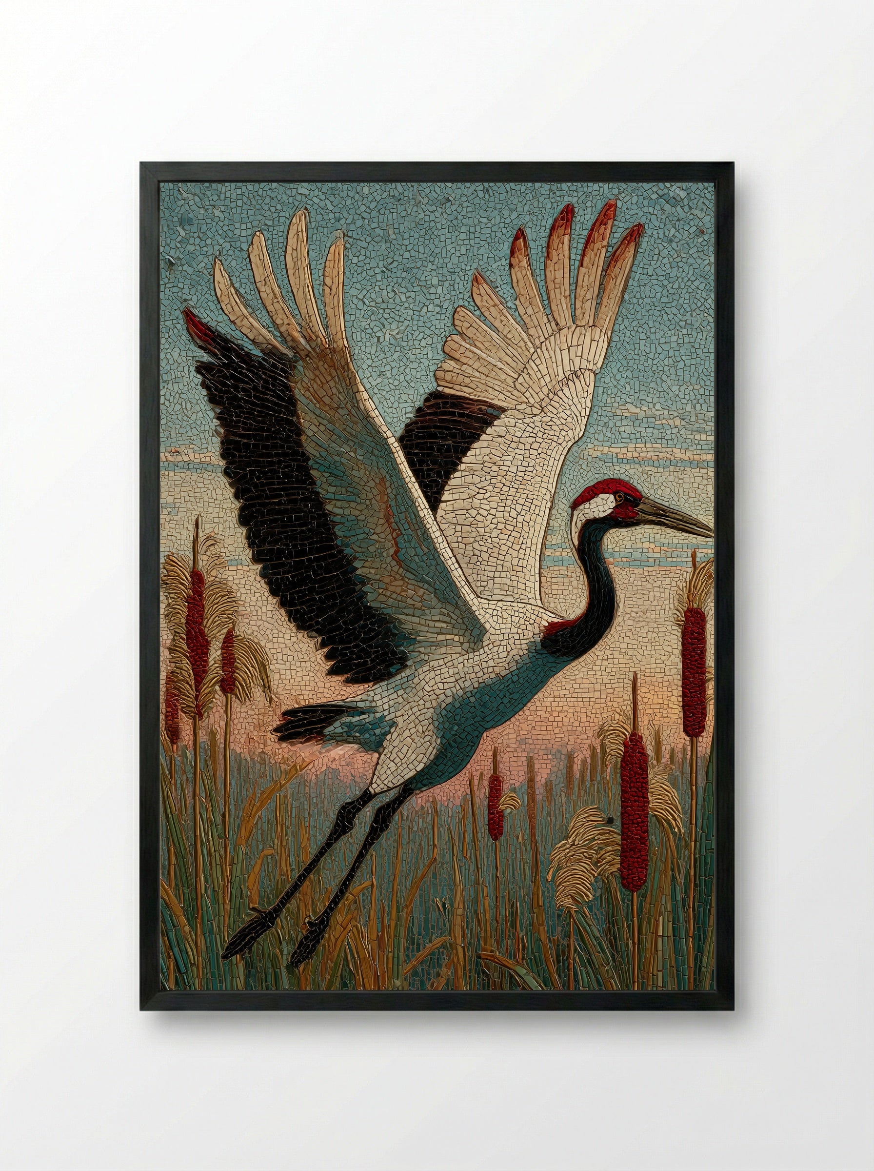 Crane over Reeds - Japanese Mosaic Print - Framed Print Black