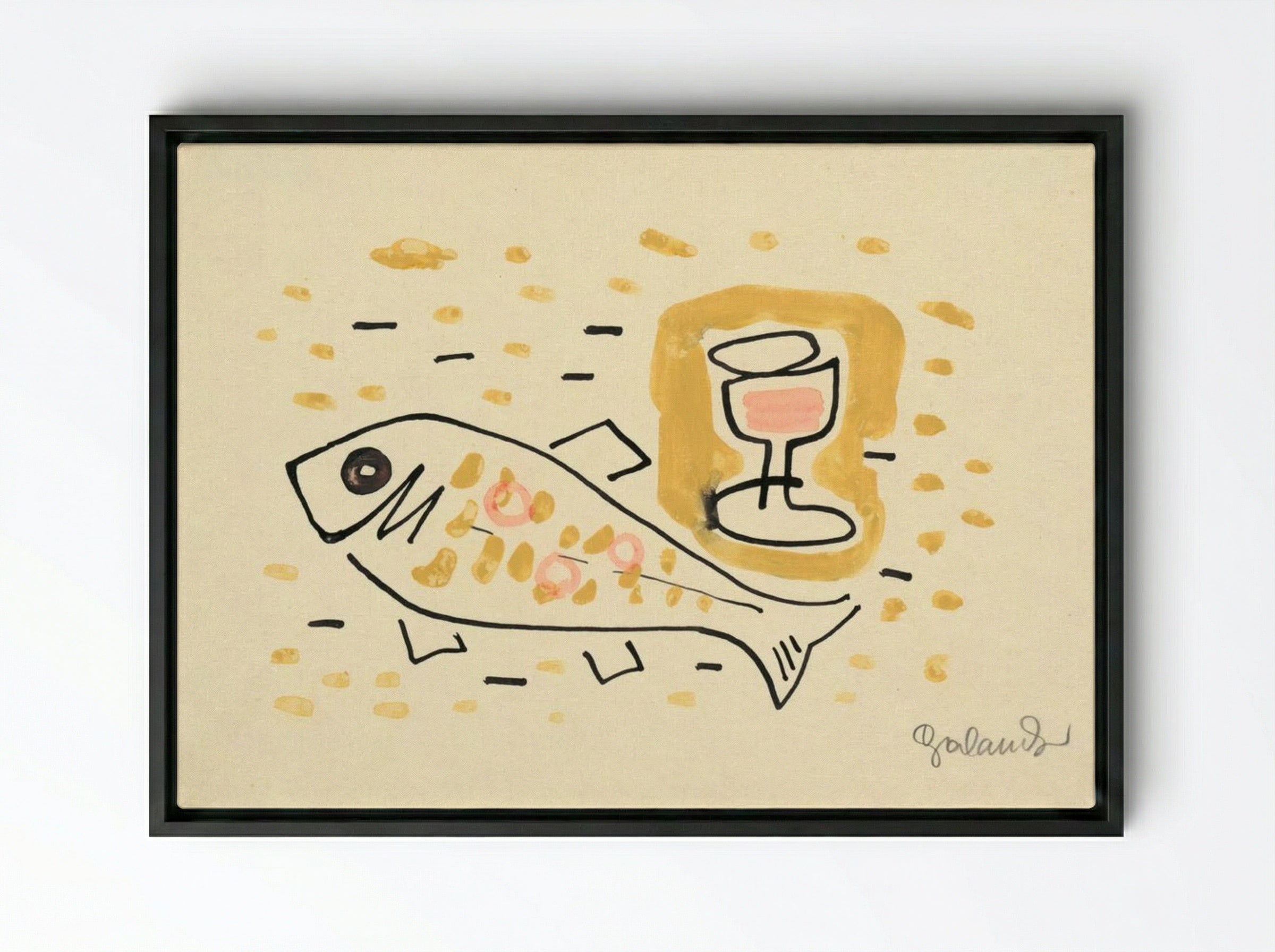 Still Life with Fish and Wine Glass - Mikuláš Galanda - Framed Canvas Black