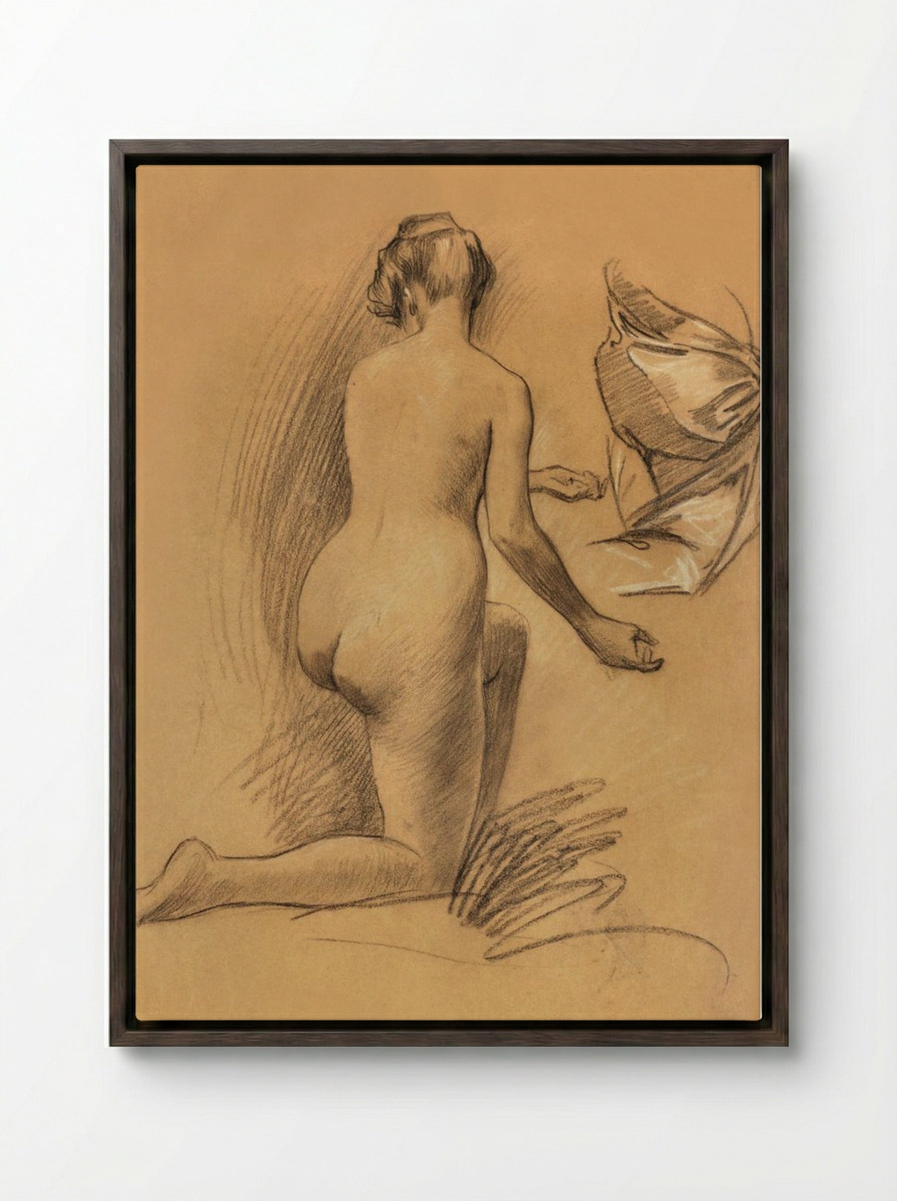 Study of Kneeling Nude Figure - Louis Schaettle - Framed Canvas Dark Wood
