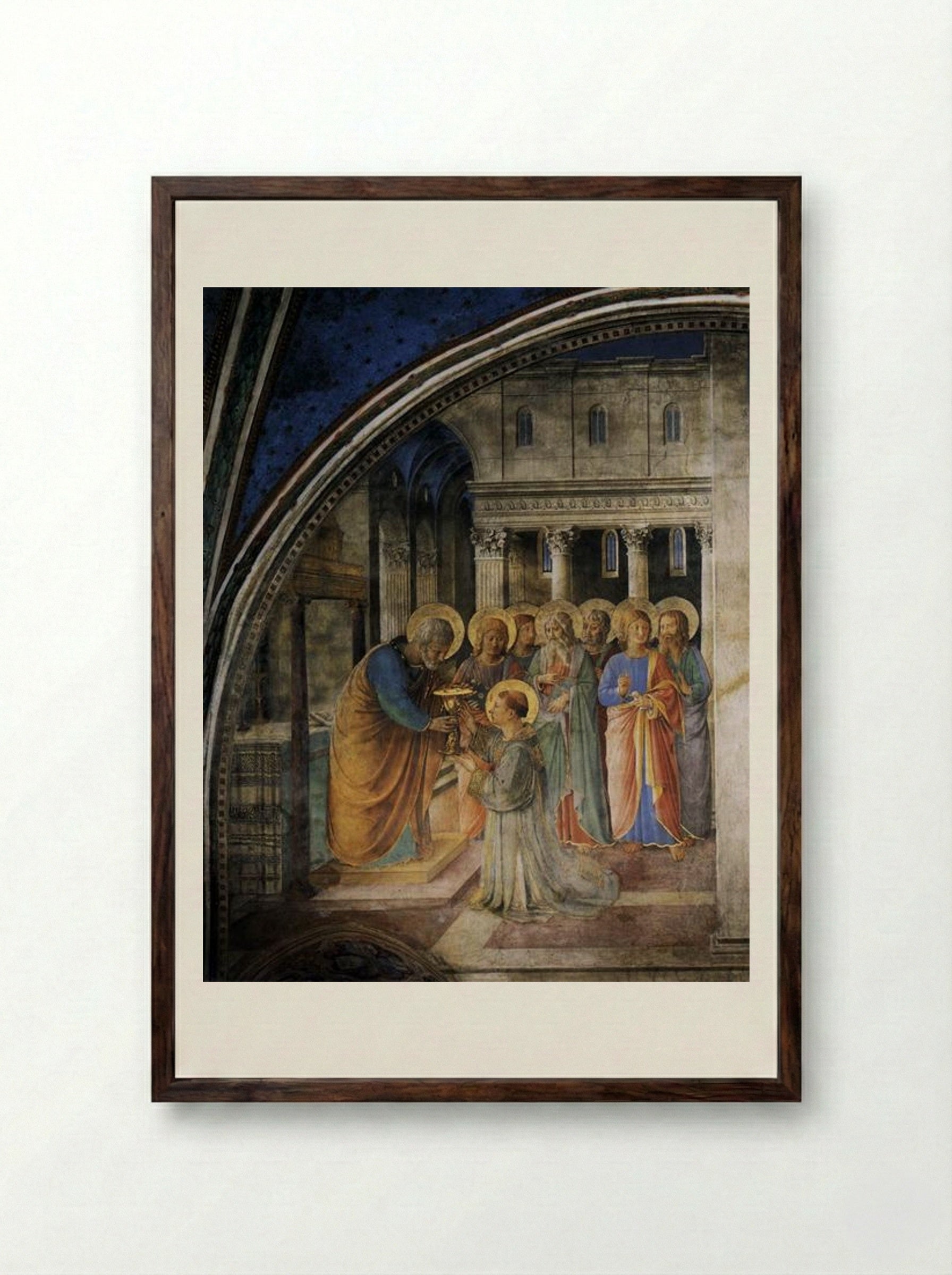 St. Peter Consecrates Stephen as Deacon - Fra Angelico - Framed Print Dark Wood