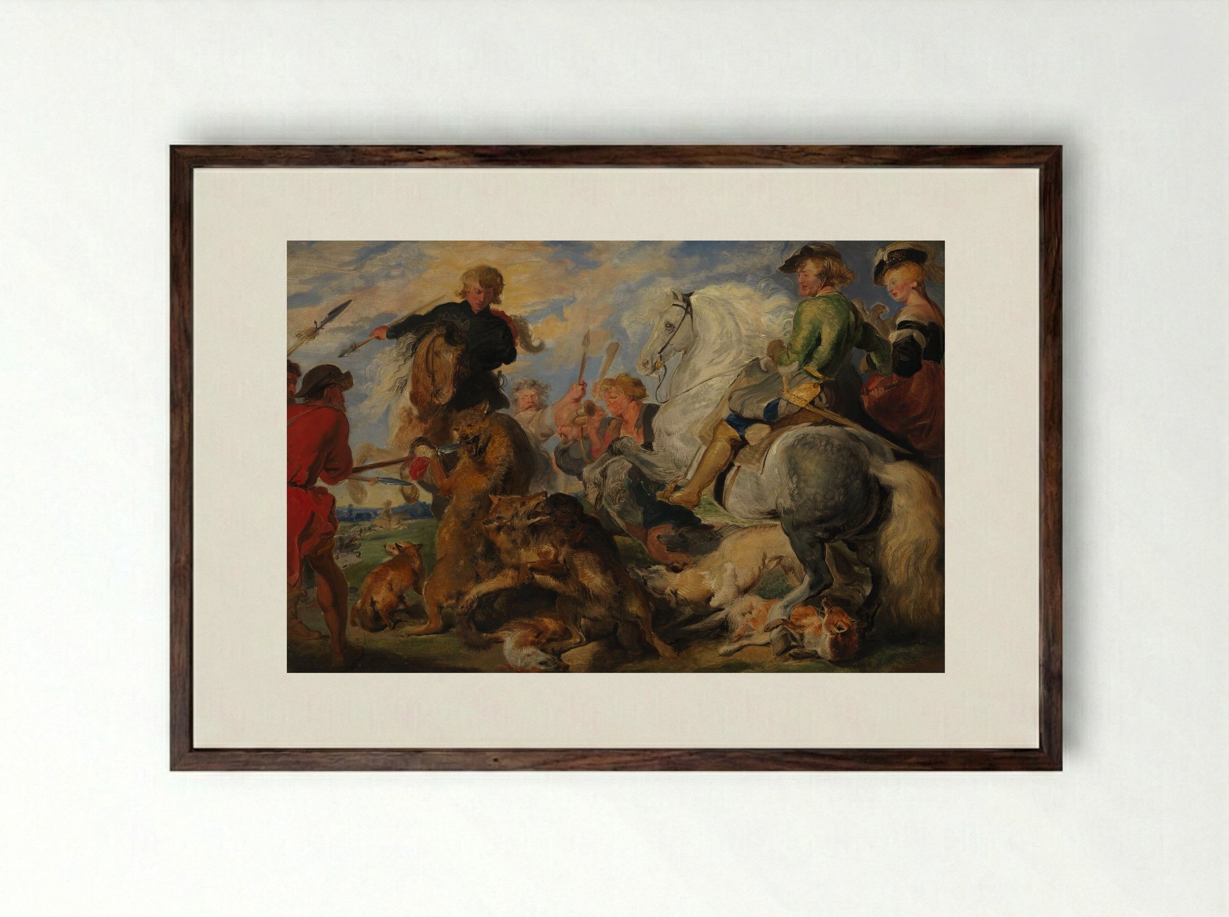Copy after Rubens's Wolf and Fox Hunt - Peter Paul Rubens - Framed Print Dark Wood