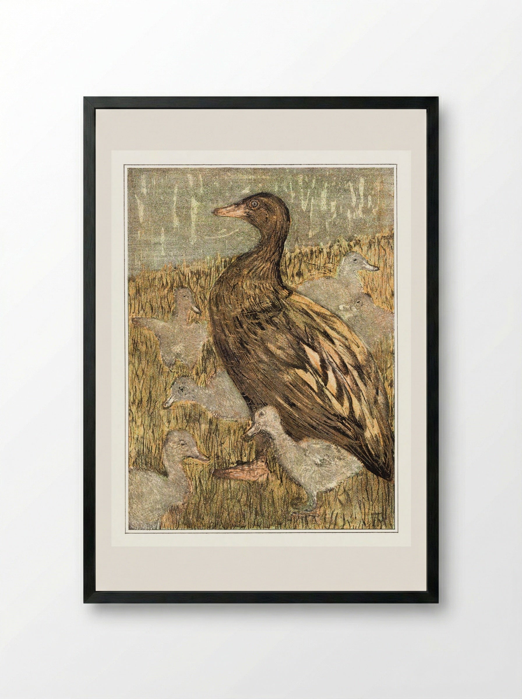 Duck with Ducklings by the Waterside - Theo van Hoytema - Framed Print Black
