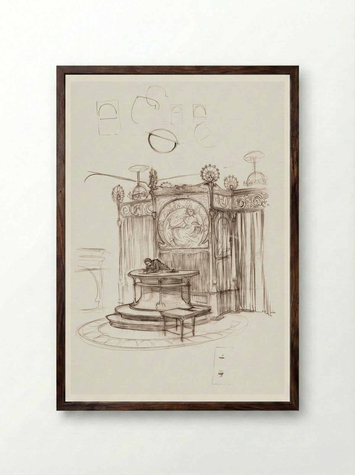 Sketch of an Office Interior - Alphonse Mucha - Framed Print Dark Wood