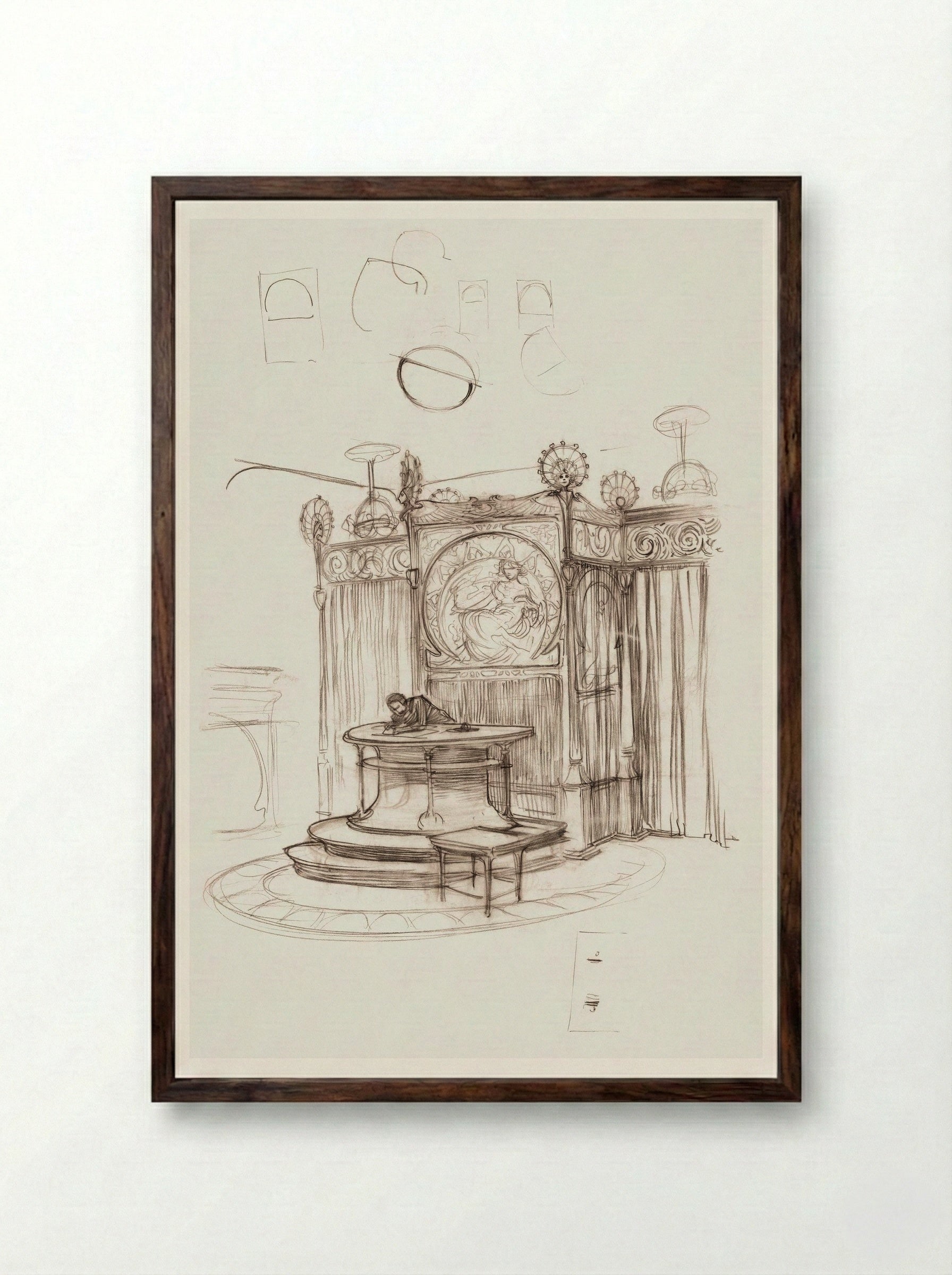 Sketch of an Office Interior - Alphonse Mucha - Framed Print Dark Wood