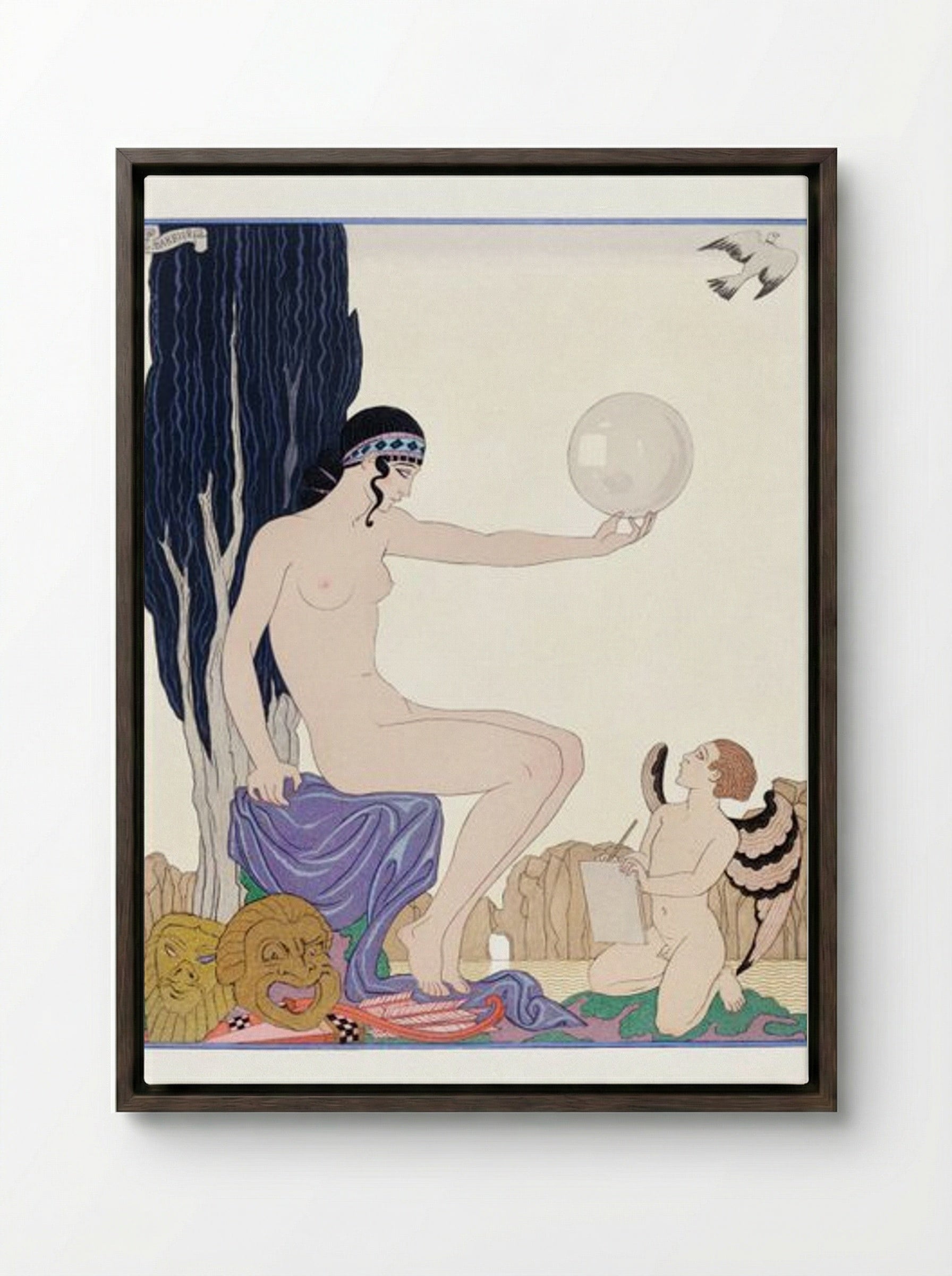 Seated Woman and Cherub - George Barbier - Framed Canvas Dark Wood