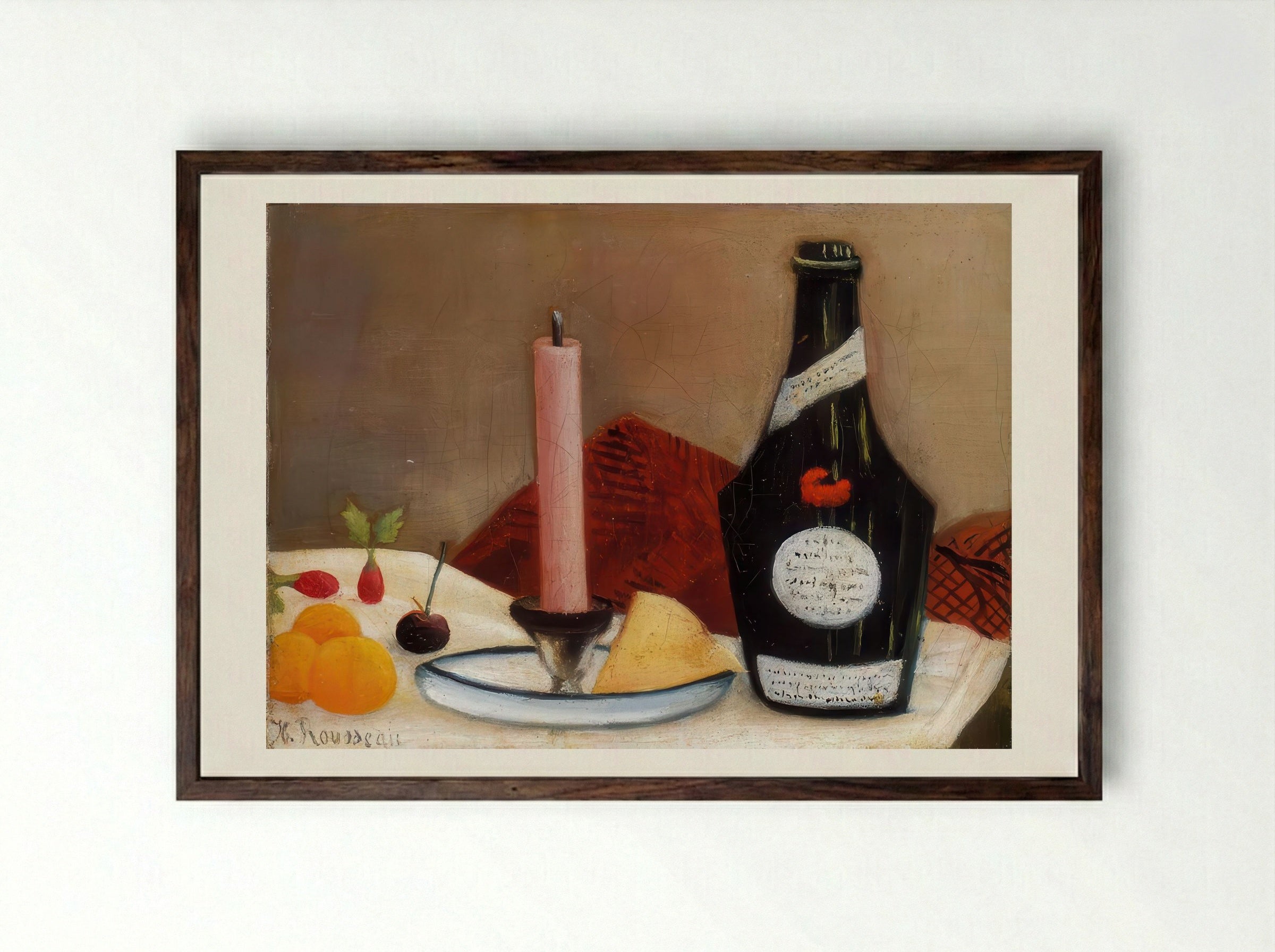 The Pink Candle by Henri Rousseau – Naïve Art Still Life Print - Framed Print Dark Wood