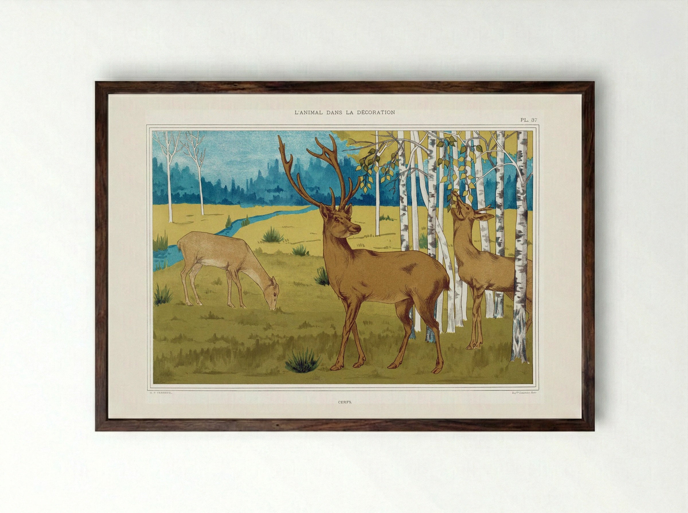 Cerfs (Deer in a Landscape) - Maurice Pillard Verneuil - Framed Print Dark Wood