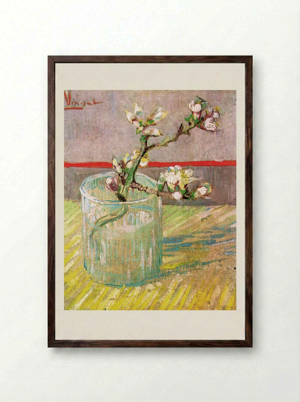 Blossoming Almond Branch in a Glass - Vincent van Gogh - Framed Print Dark Wood