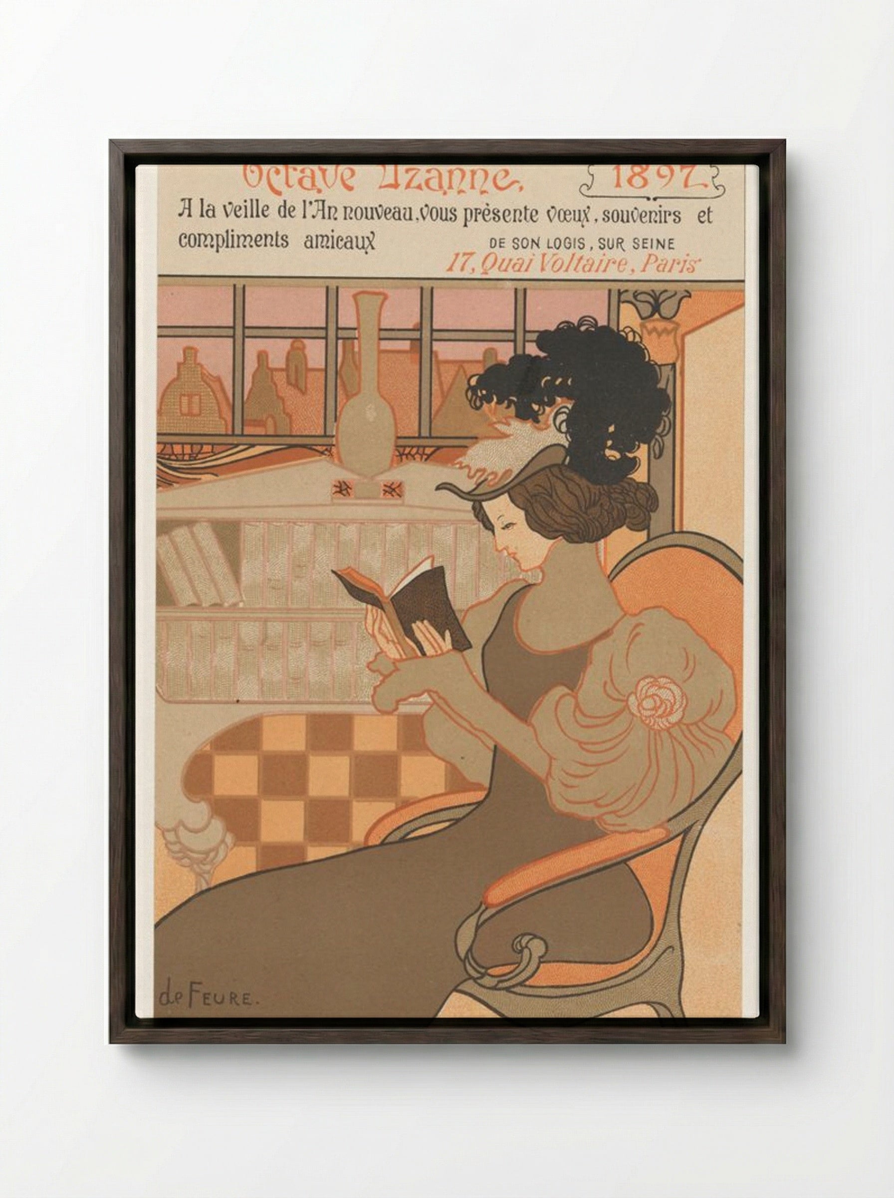 Nieuwjaarswens van Octave Uzanne voor het jaar 1897 (New Year's Greeting Card for Octave Uzanne, 1897) - Georges de Feure - Framed Canvas Dark Wood