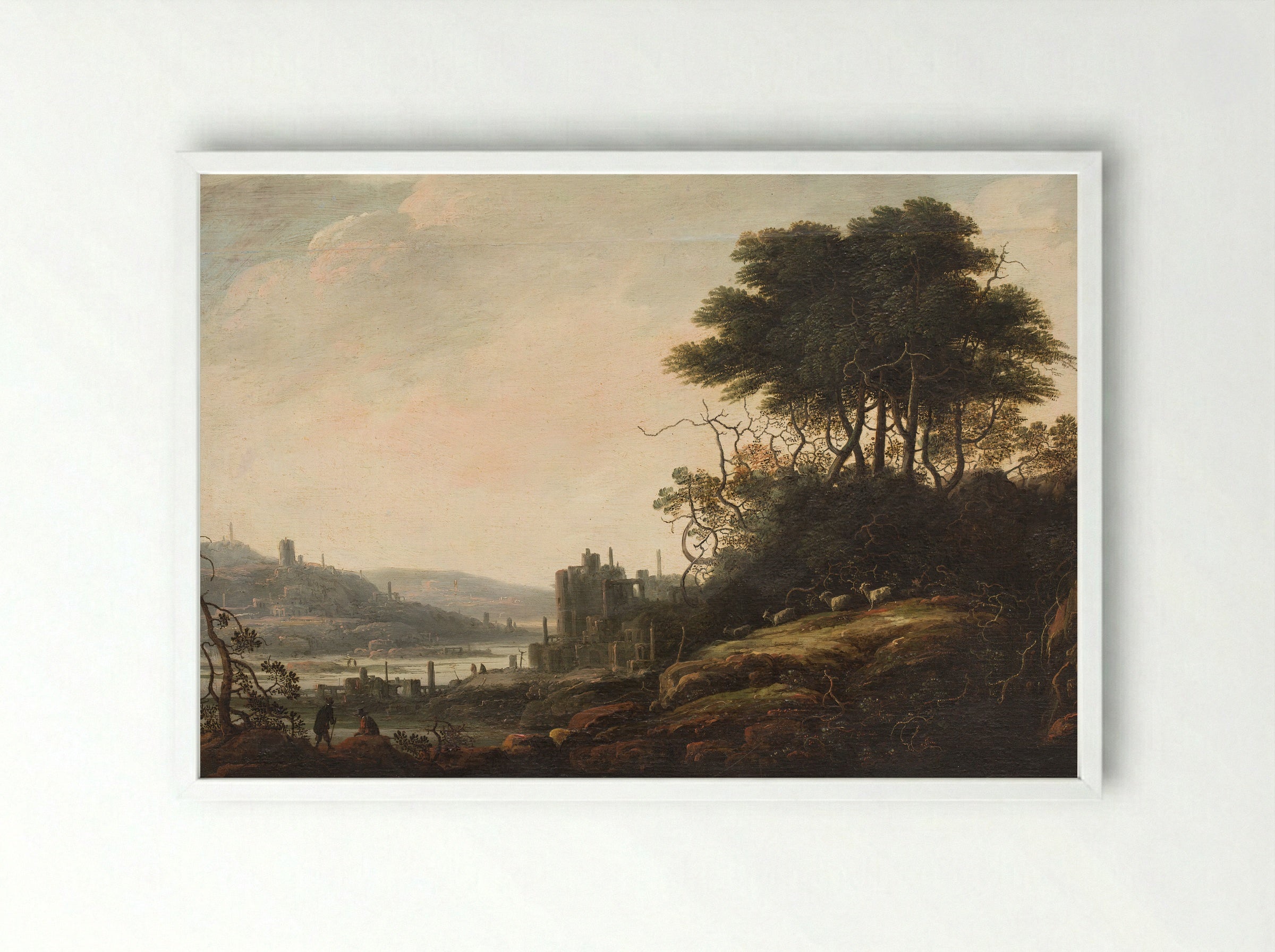 Landscape with Ruins and Figures - Abraham Bloemaert - Framed Print White