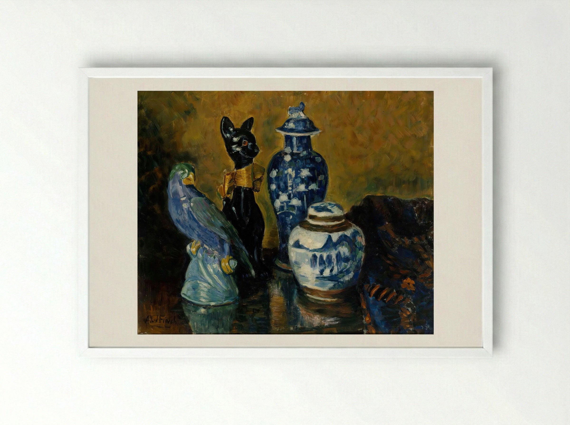 Still Life with Blue Figurines - Alfred William Finch - Framed Print White