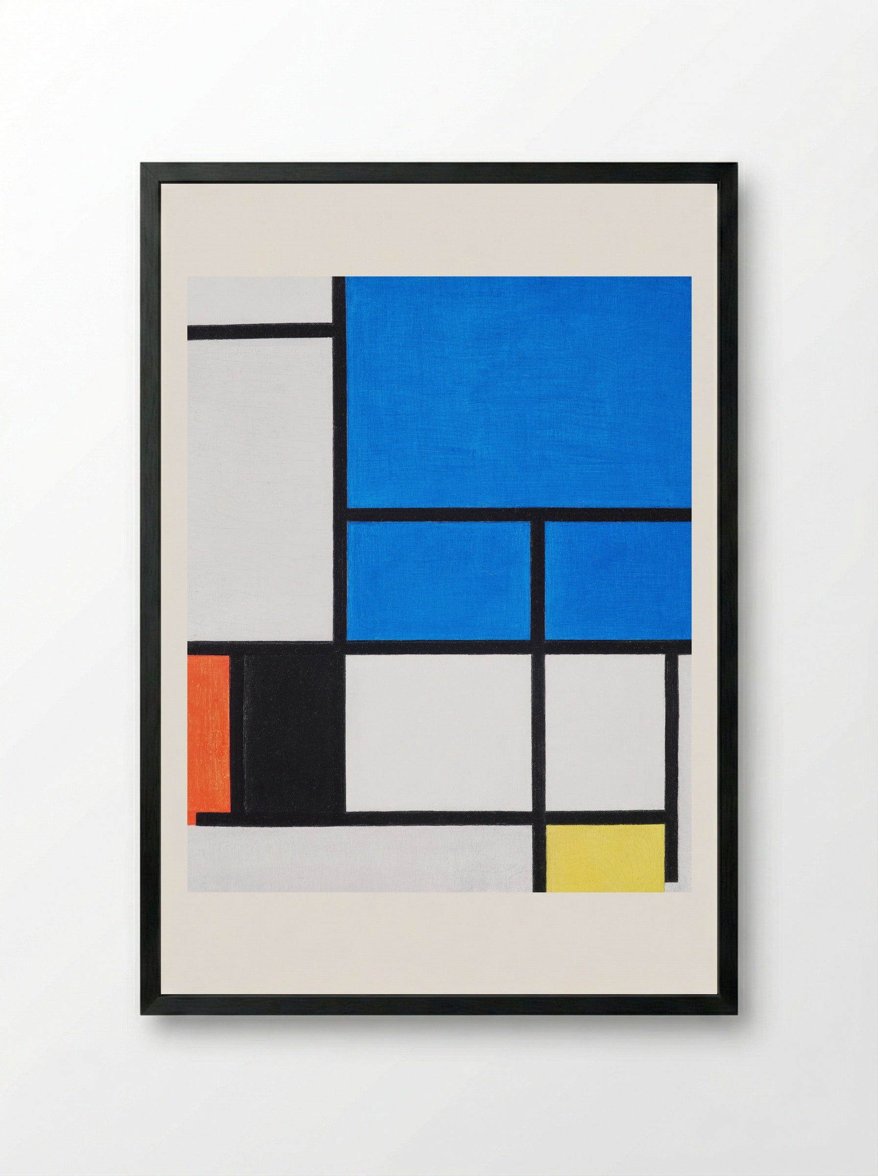 Composition with Large Blue Plane, Red, Black, Yellow, and Gray - Piet Mondrian - Framed Print Black