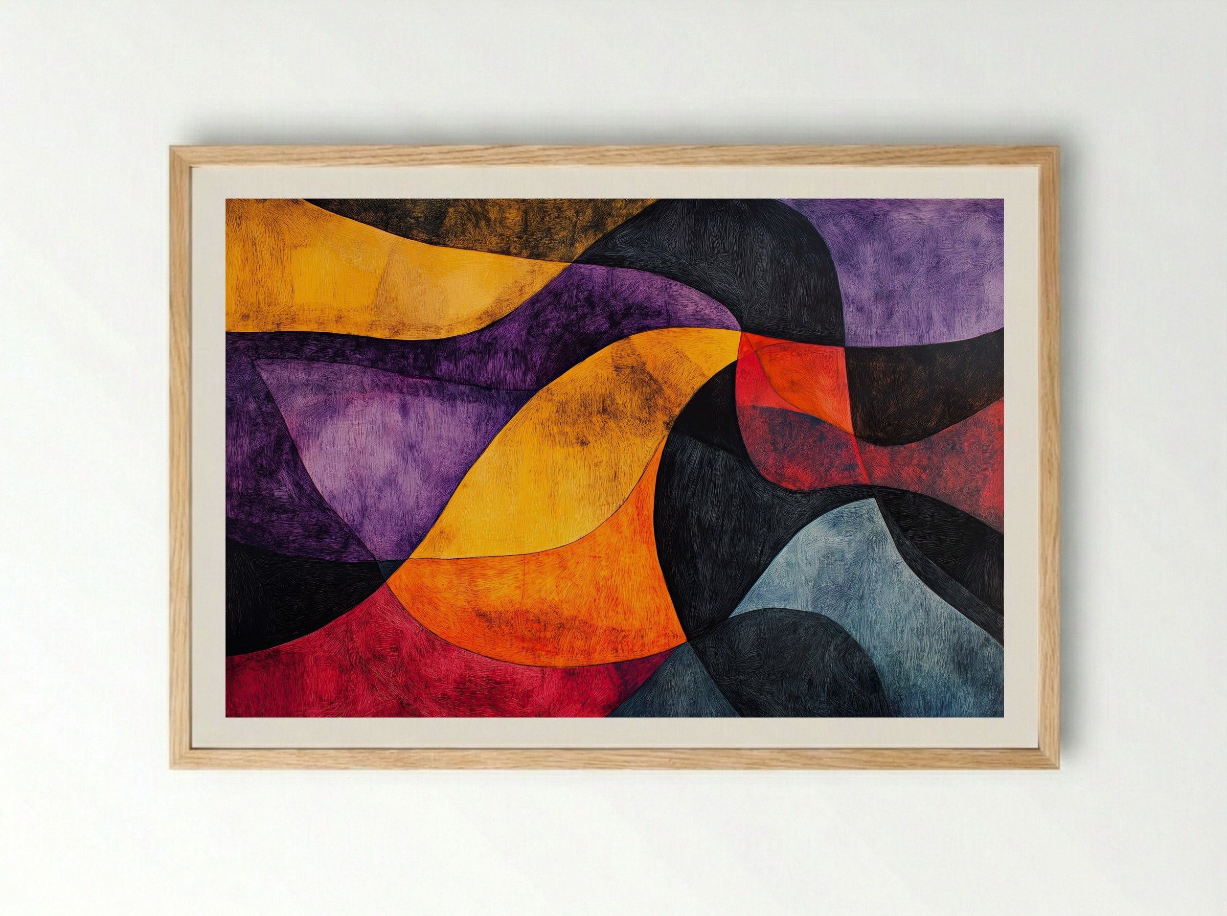 Molten Rhythm – Bold Abstract Waves in Crimson, Violet and Gold - Framed Print Wood