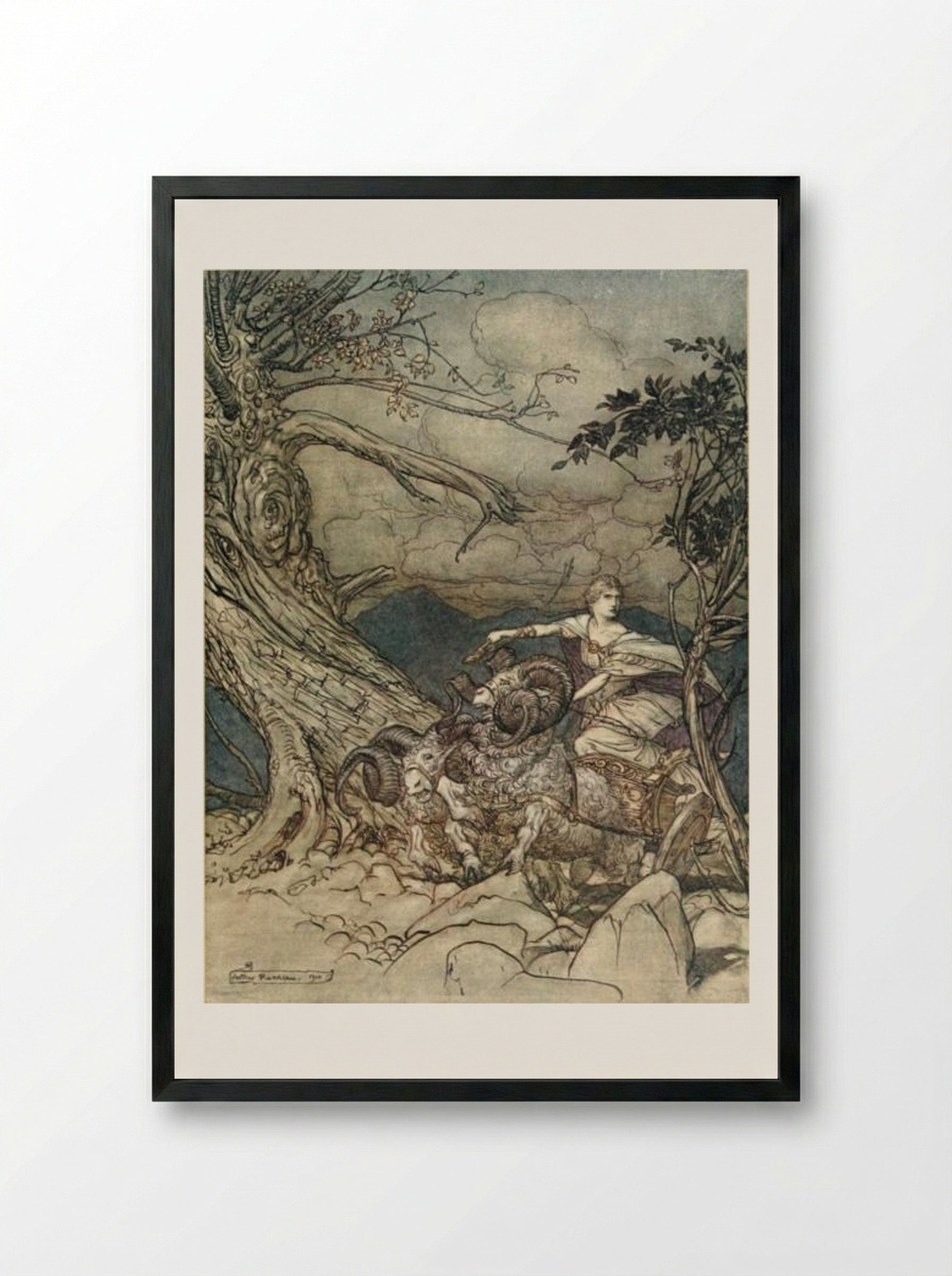 Fricka approaches in anger - Arthur Rackham - Framed Print Black