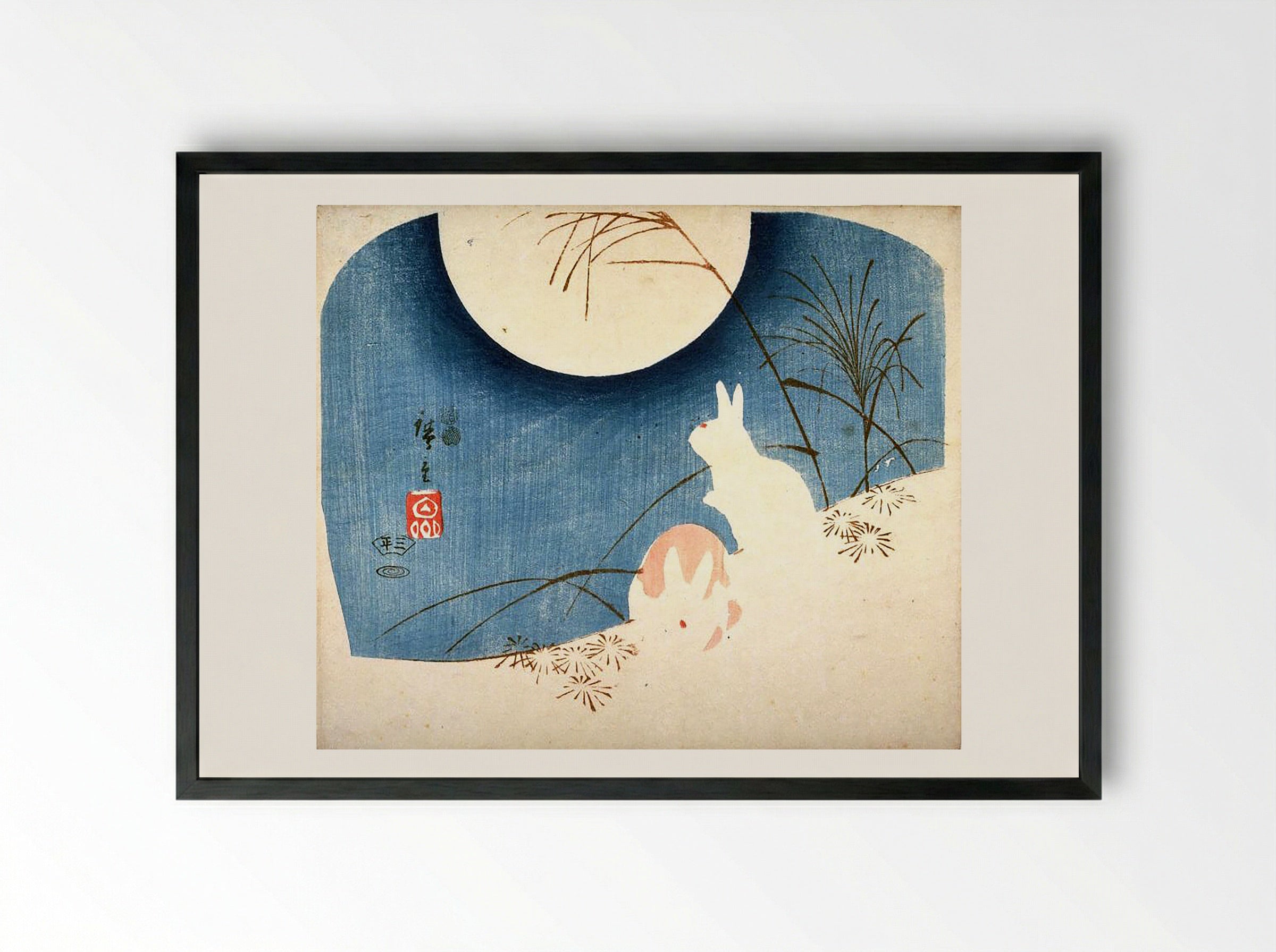 Untitled (Two Rabbits, Pampas Grass, and Full Moon) - Fine Art Print - Framed Print Black