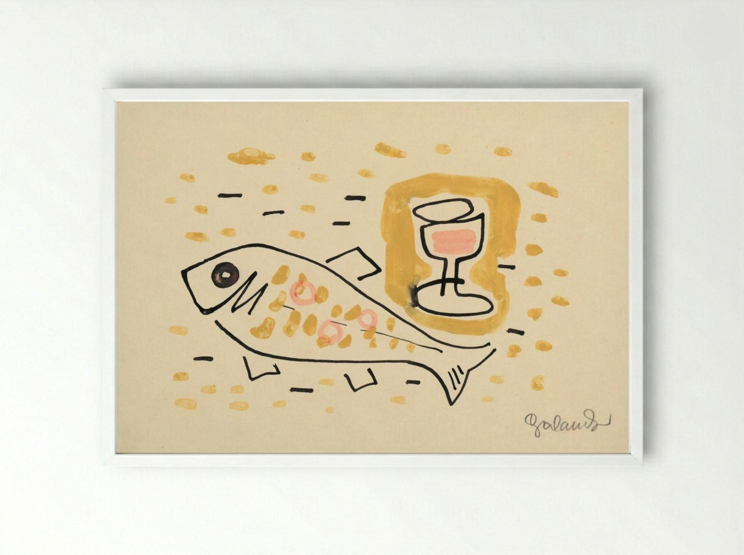 Still Life with Fish and Wine Glass - Mikuláš Galanda - Framed Print White