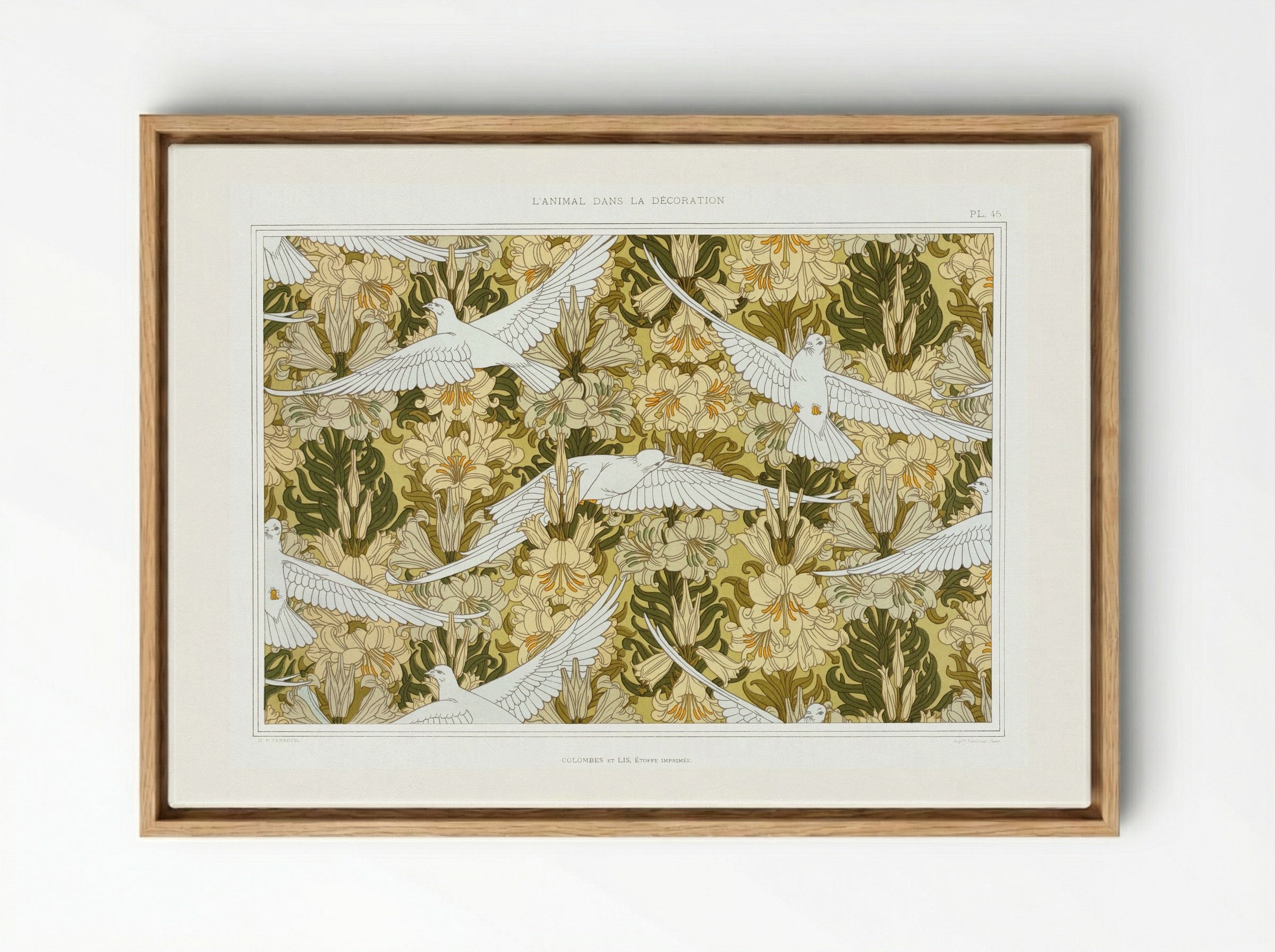 Colombes et Lis, Étoffe Imprimée (Doves and Lilies, Printed Fabric) - Maurice Pillard Verneuil - Framed Canvas Wood