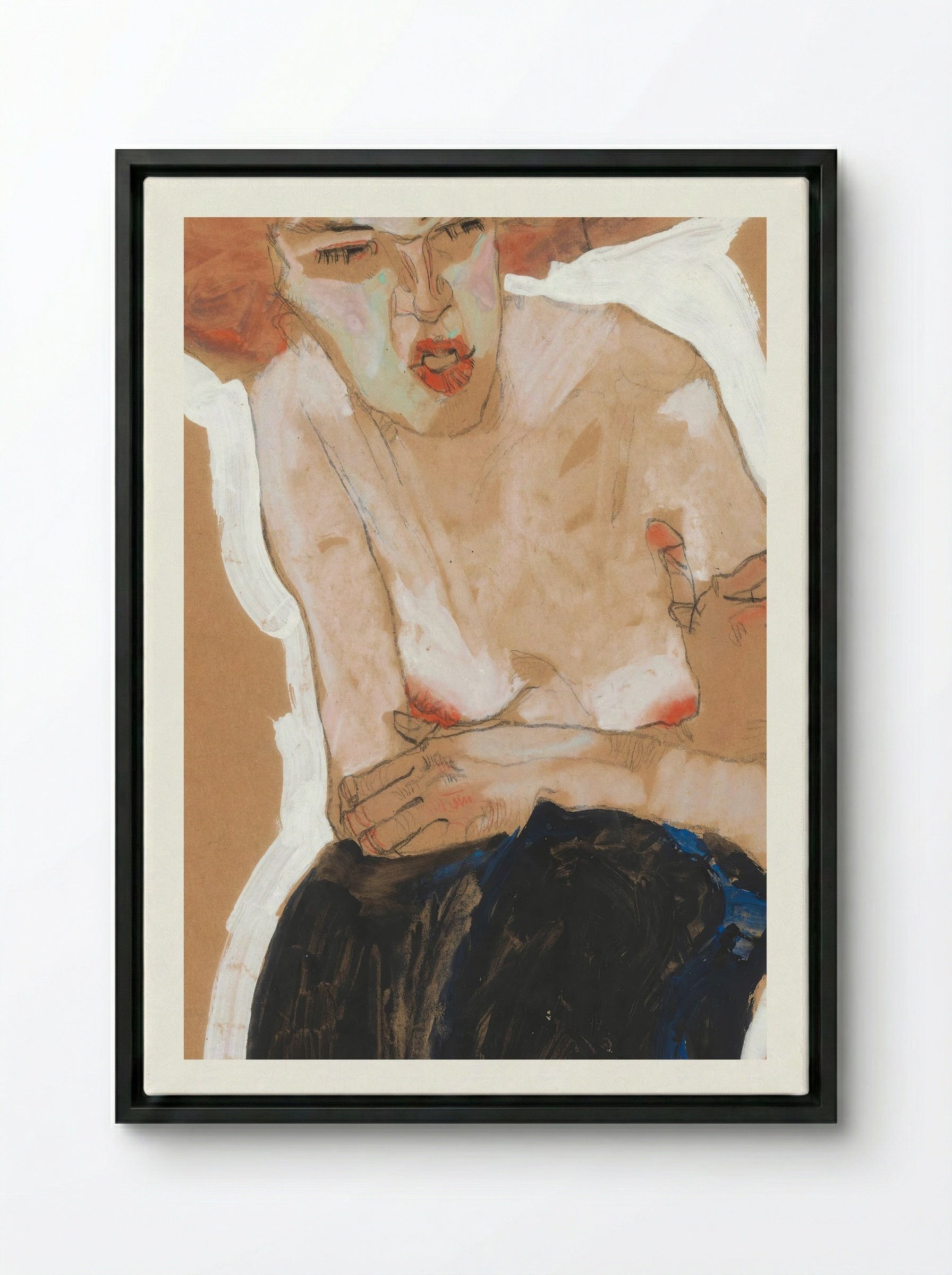 Die Häusliche (Seated Woman with Hat) - Egon Schiele - Framed Canvas Black