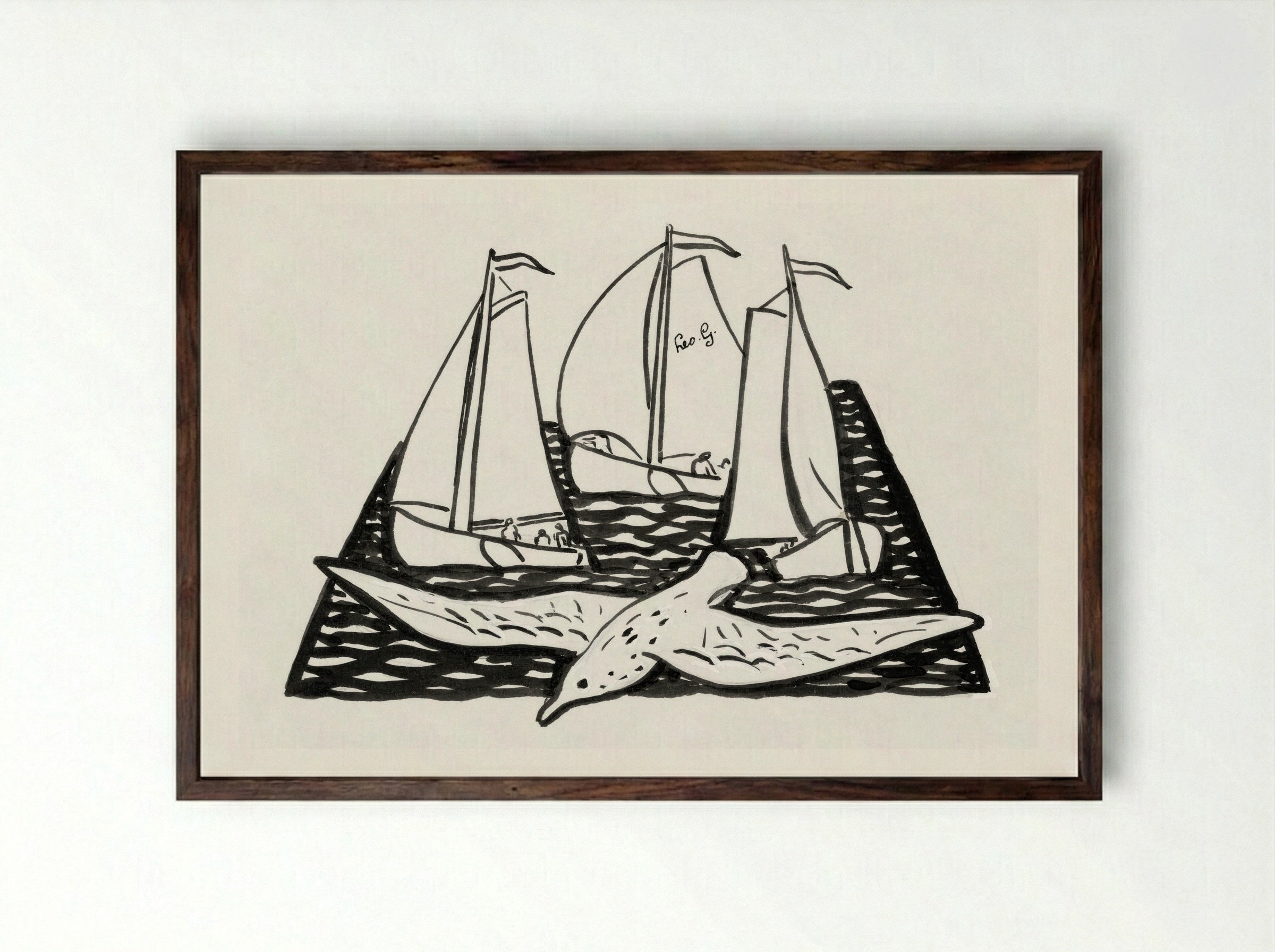Three Sailing Ships and a Seagull - Leo Gestel - Framed Print Dark Wood