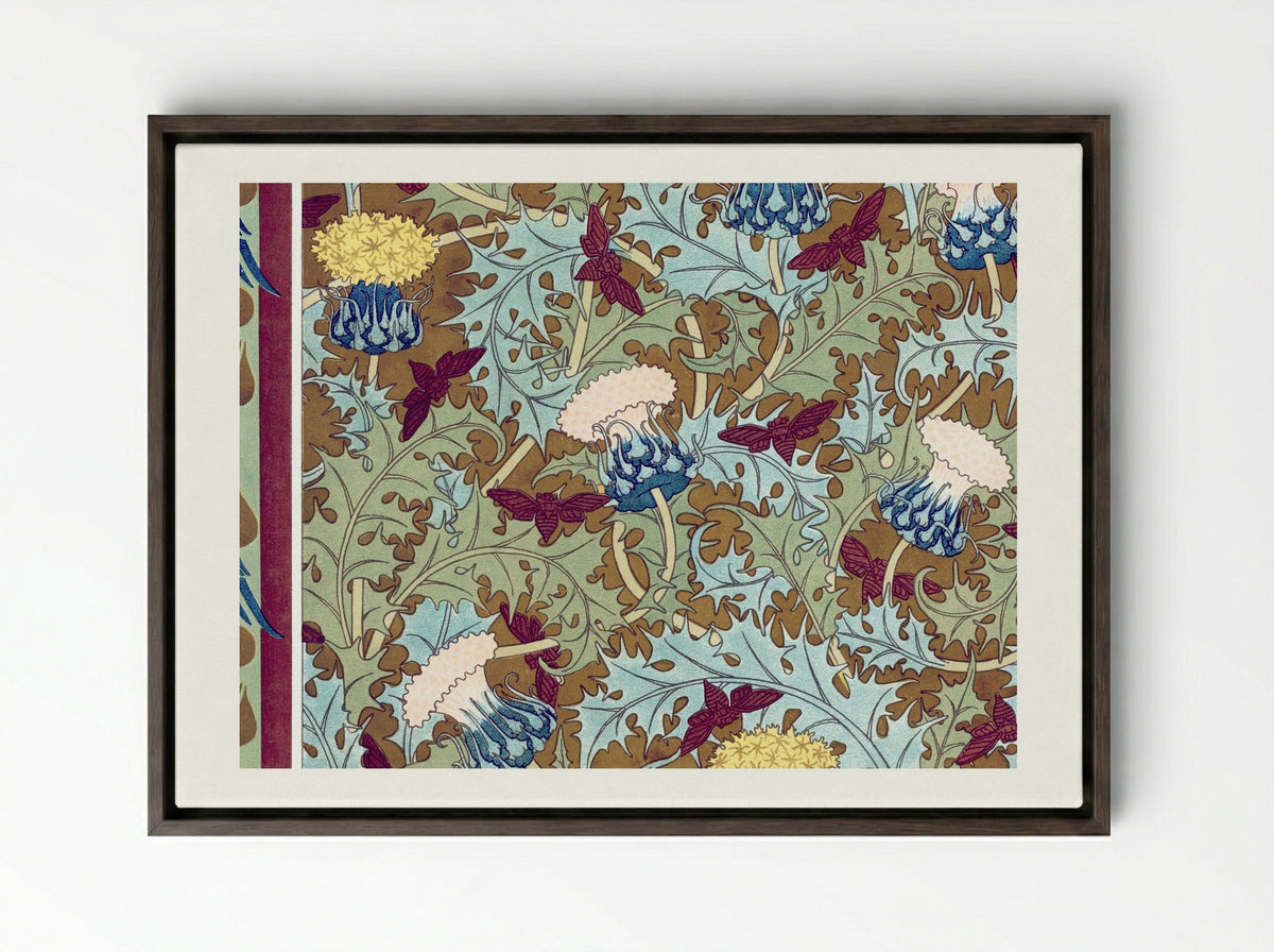 Corbeaux, Cigales et Chardons (Textile Design) - Maurice Pillard Verneuil - Framed Canvas Dark Wood