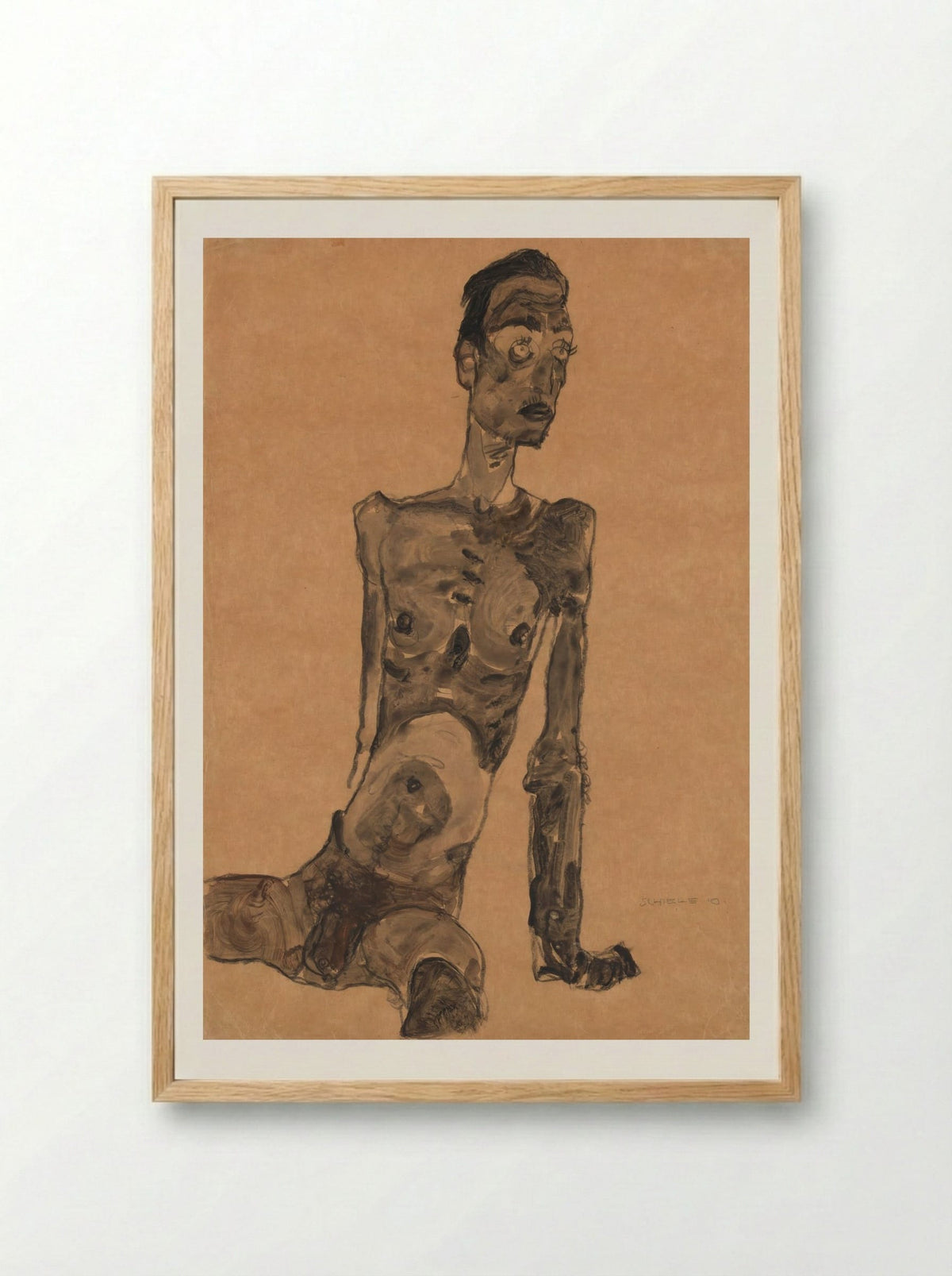 Seated Male Nude - Egon Schiele - Framed Print Wood