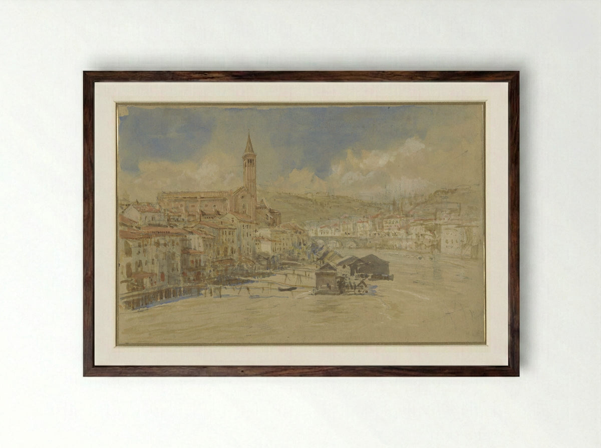 Gezicht op S. Anastasia te Verona, over de Adige - John Ruskin - Framed Print Dark Wood